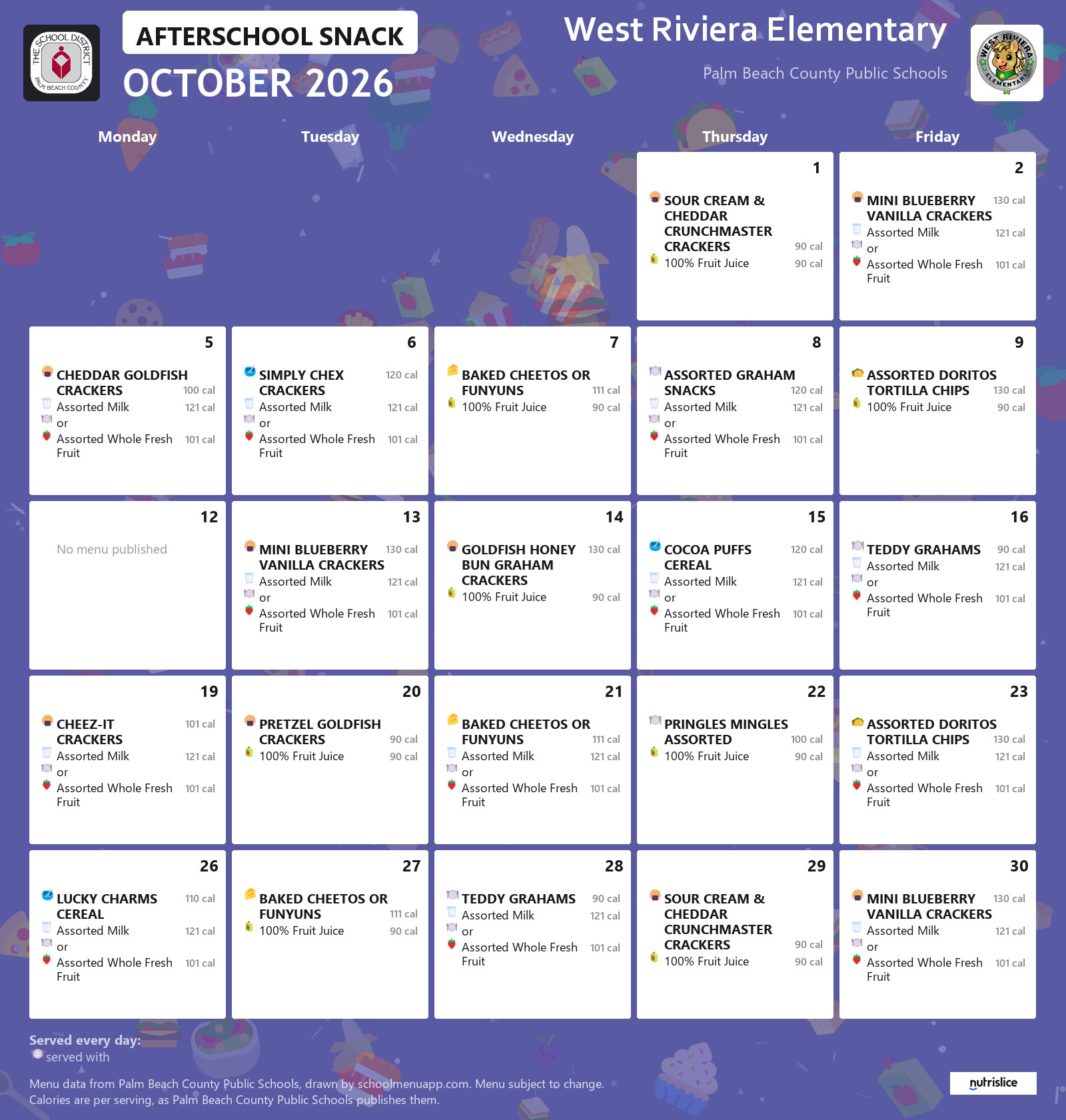 West Riviera Elementary afterschool snack menu for October 2026, Palm Beach County Public Schools