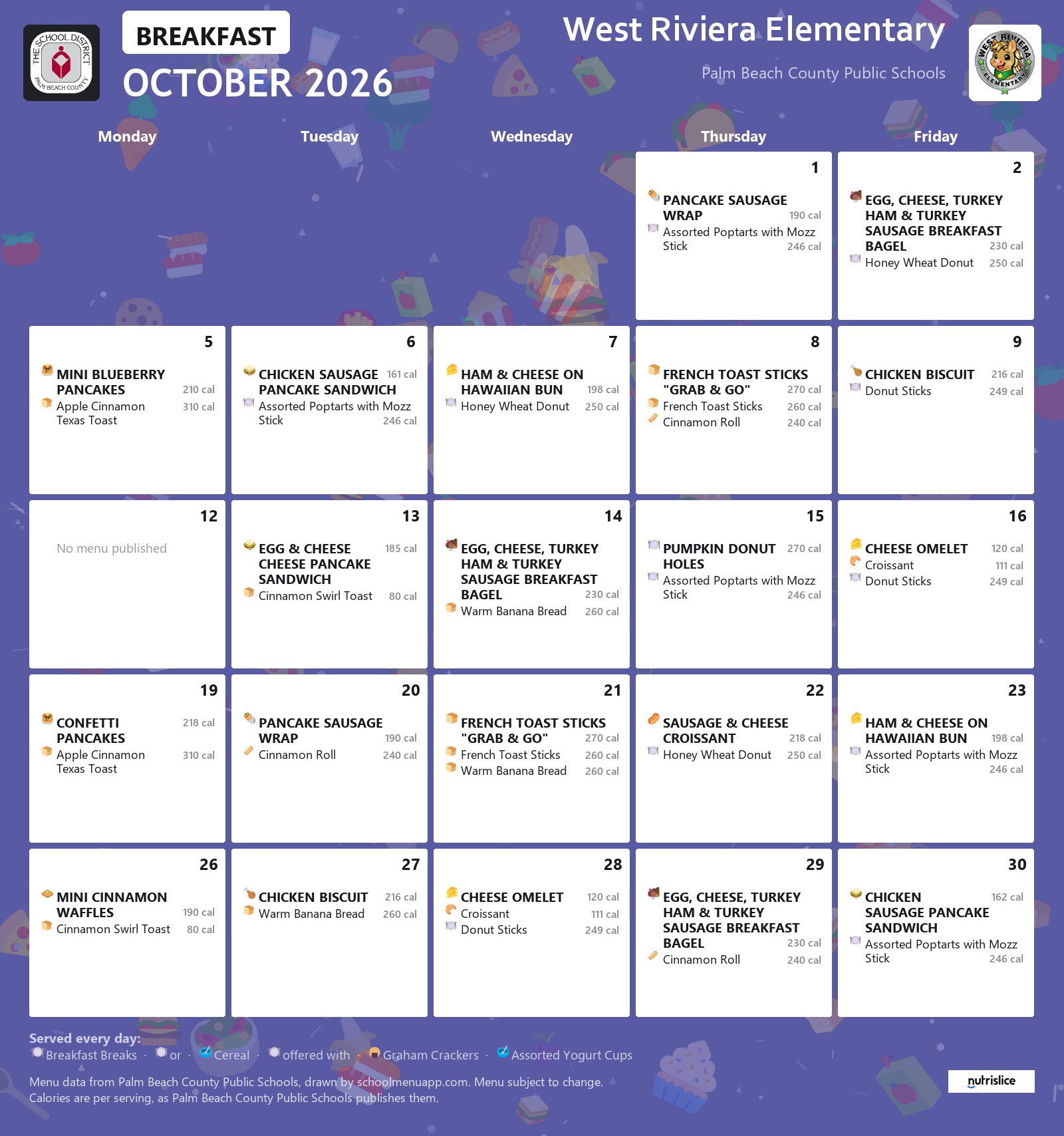 West Riviera Elementary breakfast menu for October 2026, Palm Beach County Public Schools