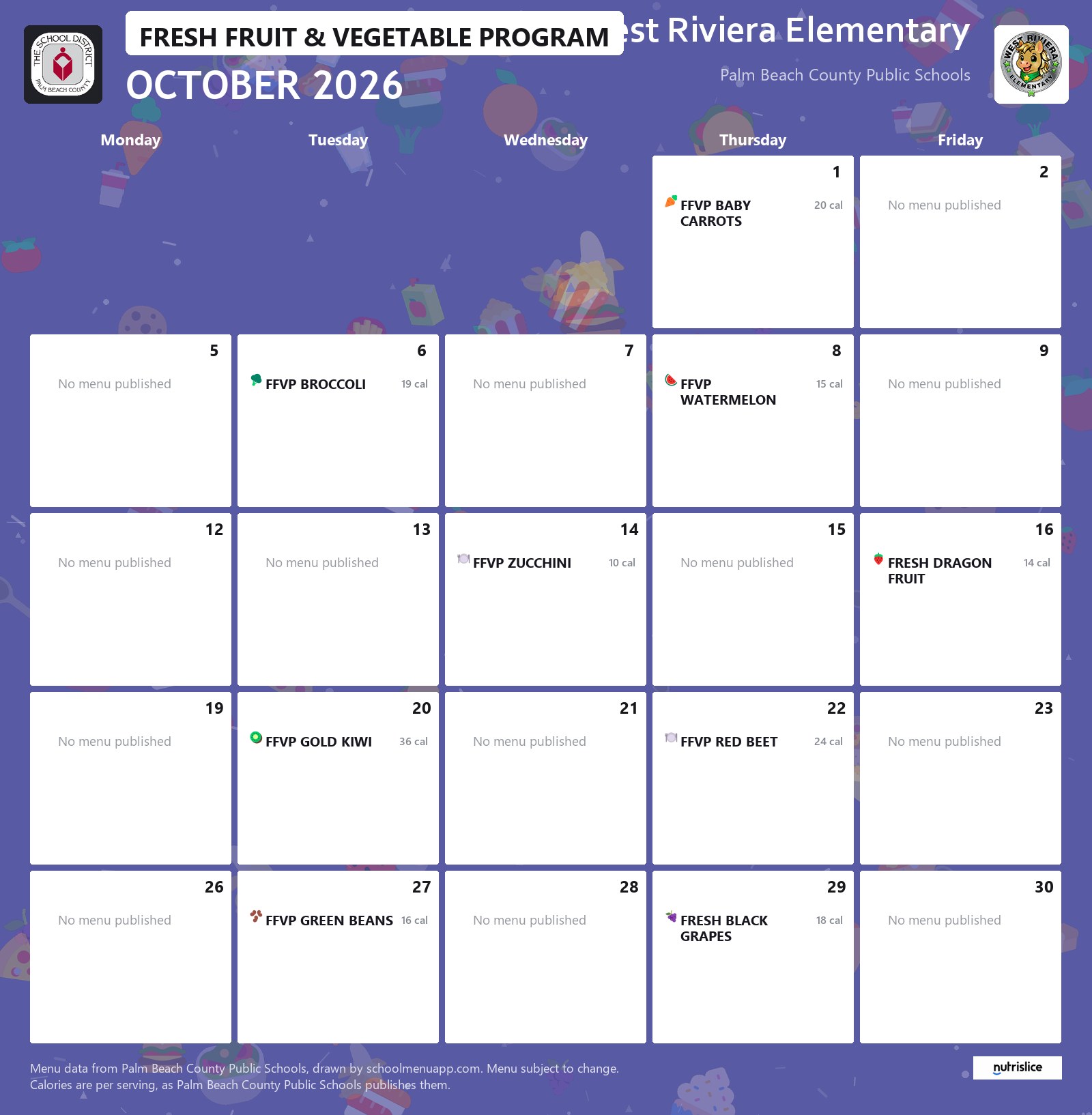 West Riviera Elementary fresh fruit & vegetable program menu for October 2026, Palm Beach County Public Schools