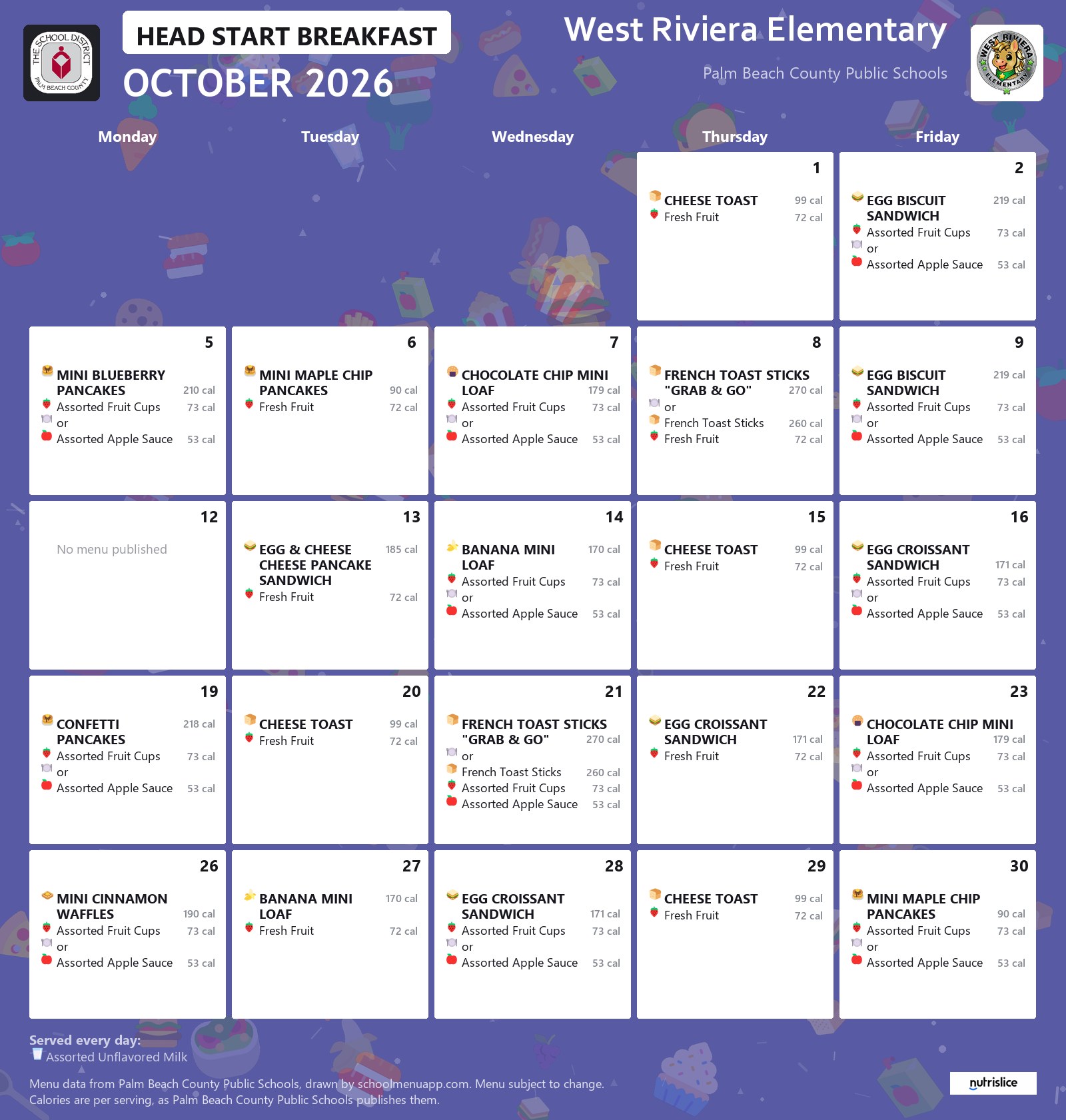 West Riviera Elementary head start breakfast menu for October 2026, Palm Beach County Public Schools