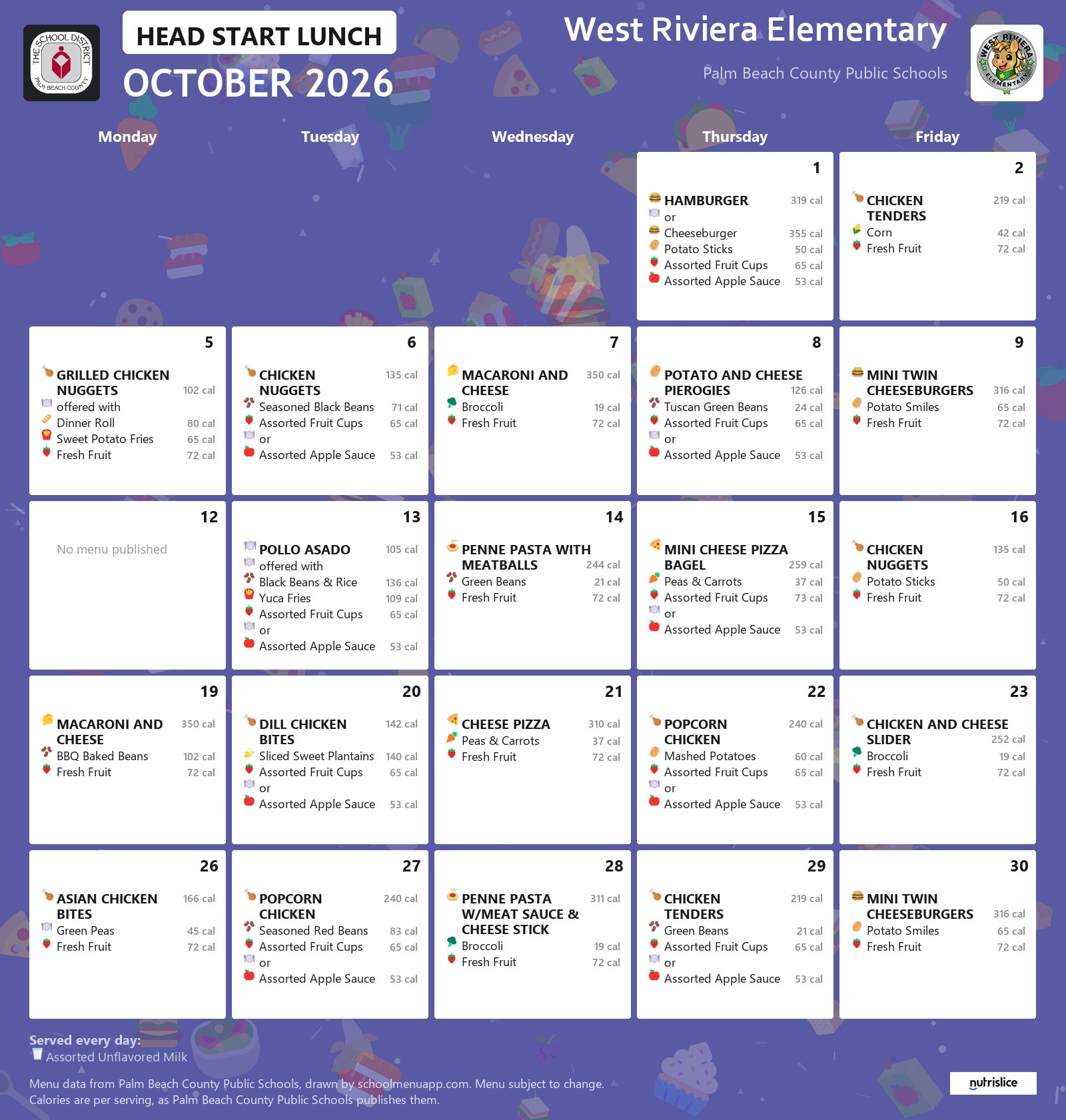 West Riviera Elementary head start lunch menu for October 2026, Palm Beach County Public Schools