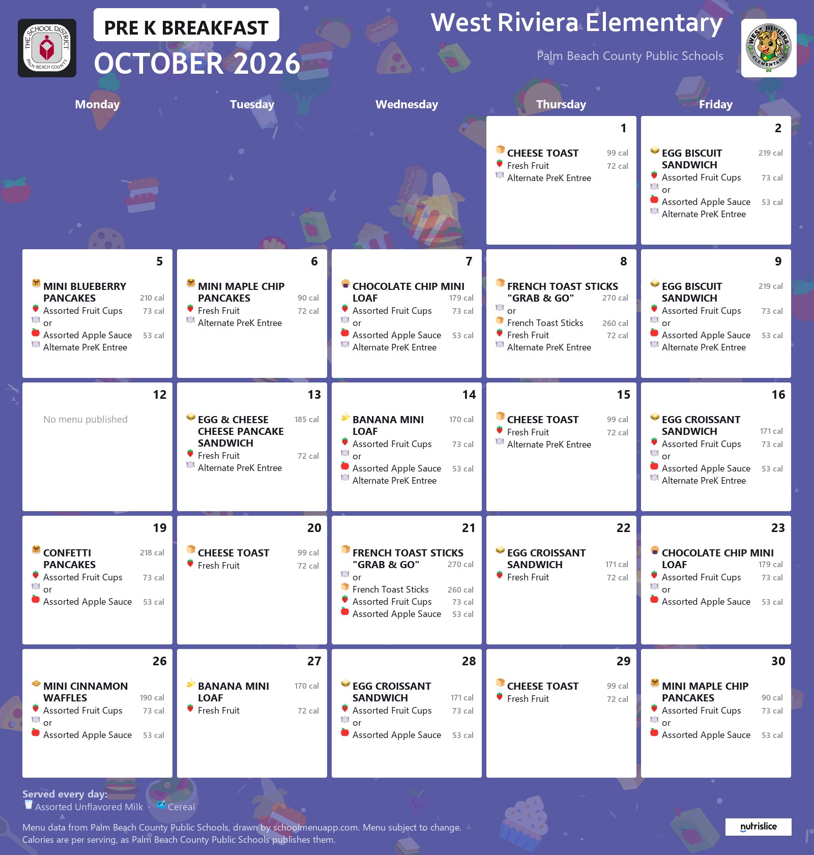 West Riviera Elementary pre k breakfast menu for October 2026, Palm Beach County Public Schools