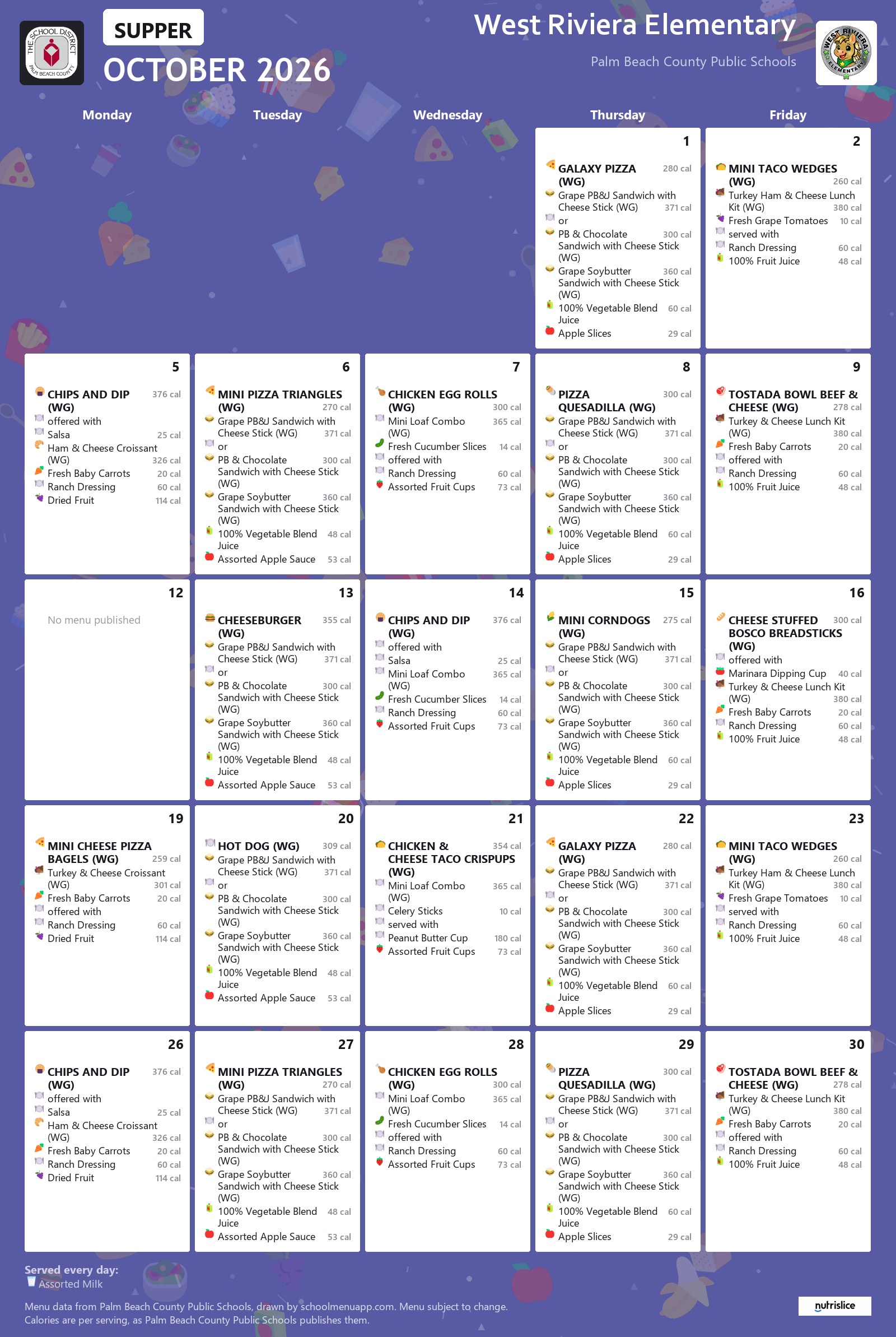 West Riviera Elementary supper menu for October 2026, Palm Beach County Public Schools