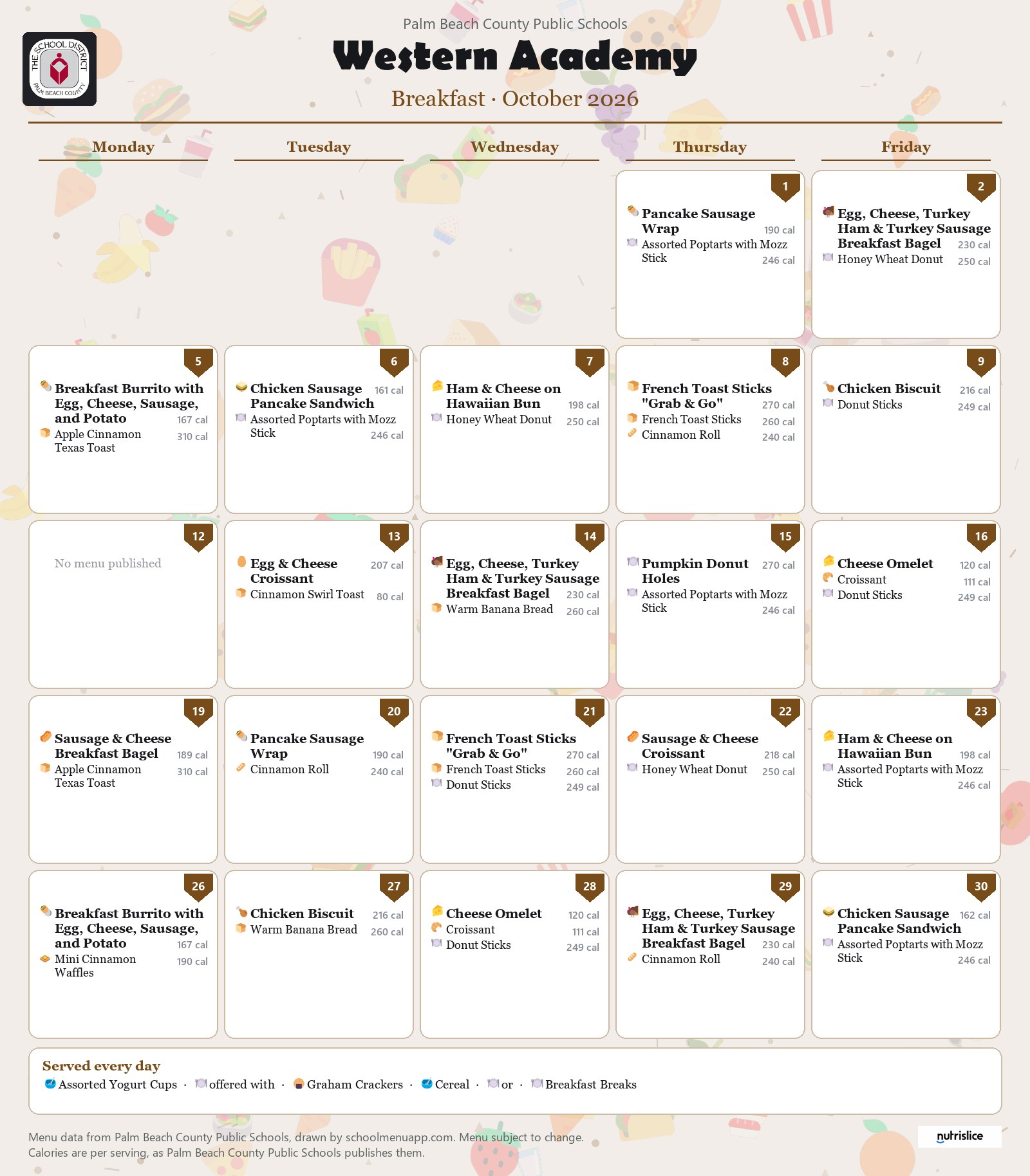 Western Academy breakfast menu for October 2026, Palm Beach County Public Schools
