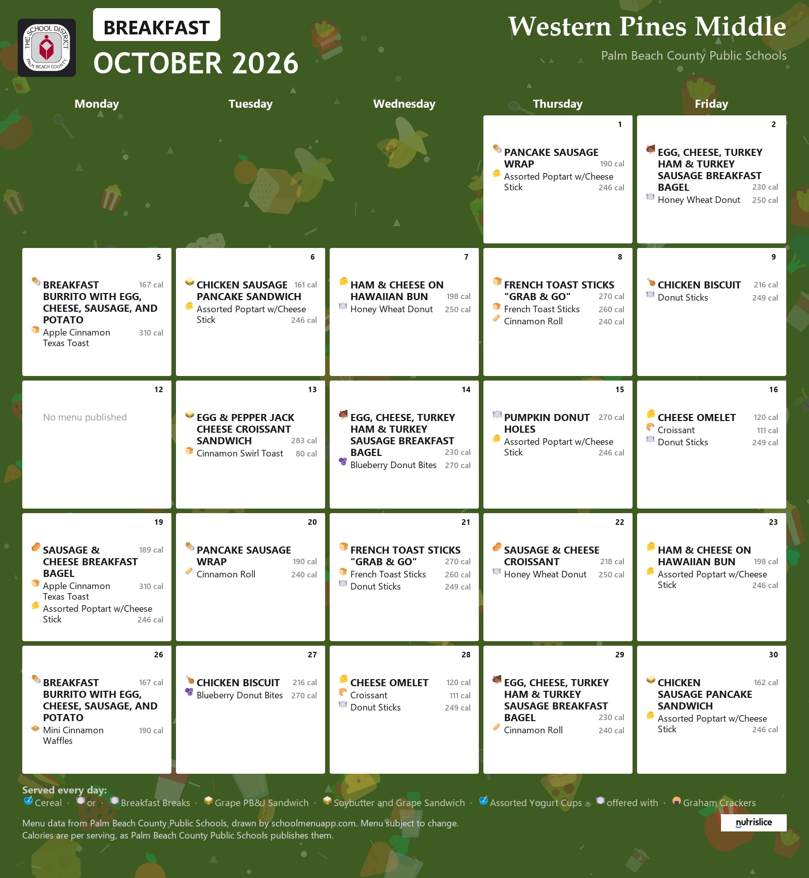 Western Pines Middle breakfast menu for October 2026, Palm Beach County Public Schools