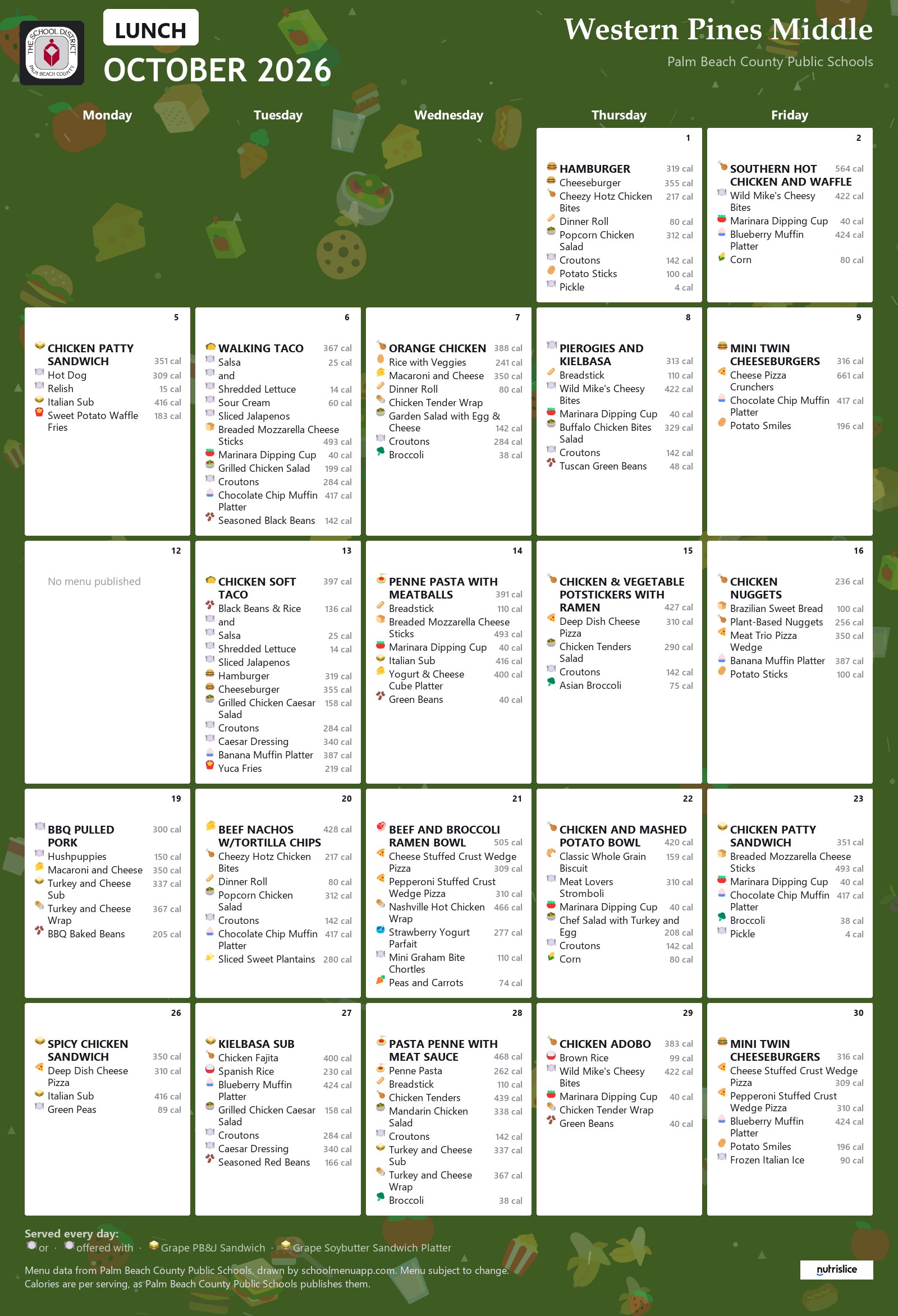 Western Pines Middle lunch menu for October 2026, Palm Beach County Public Schools