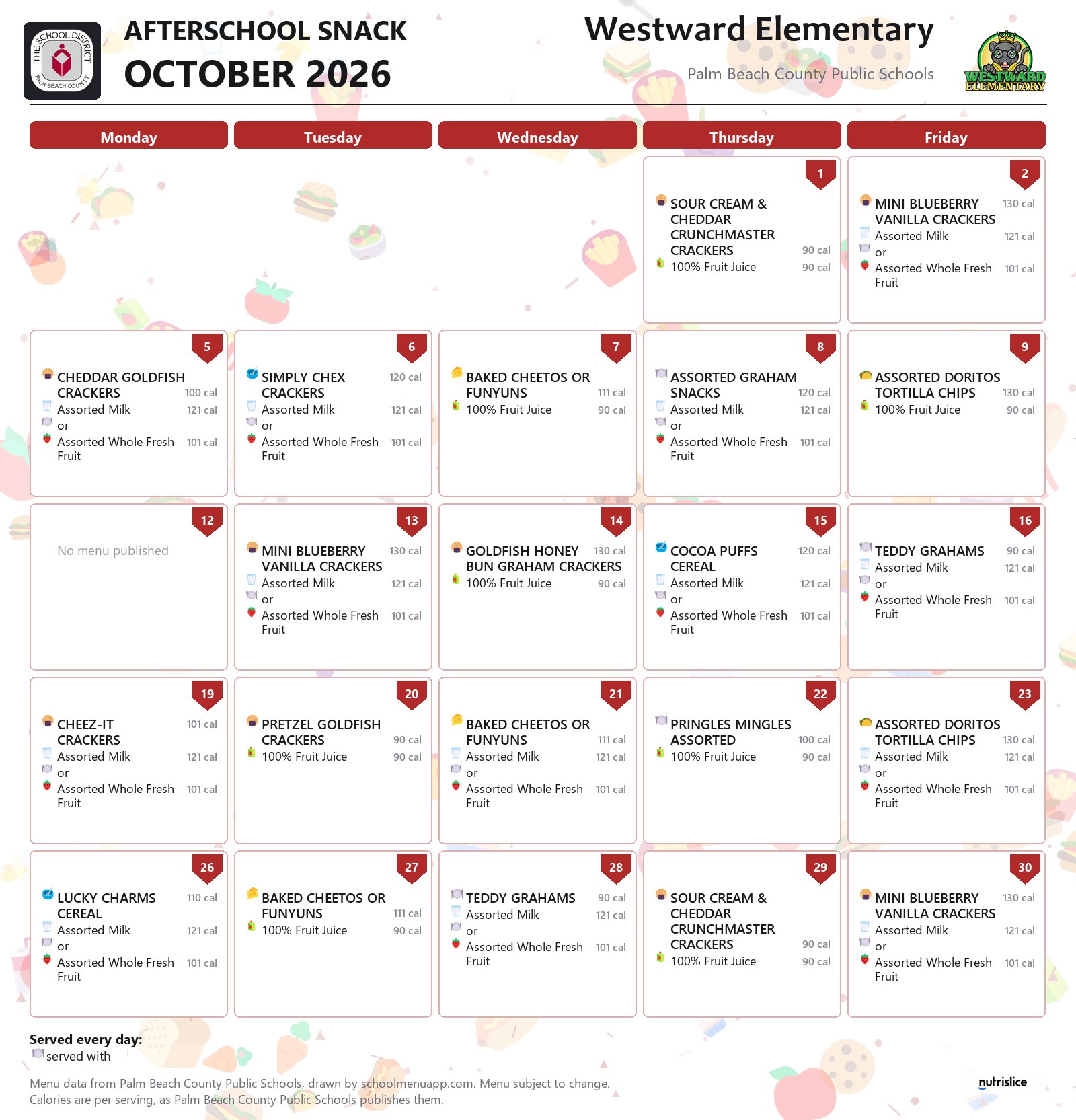 Westward Elementary afterschool snack menu for October 2026, Palm Beach County Public Schools