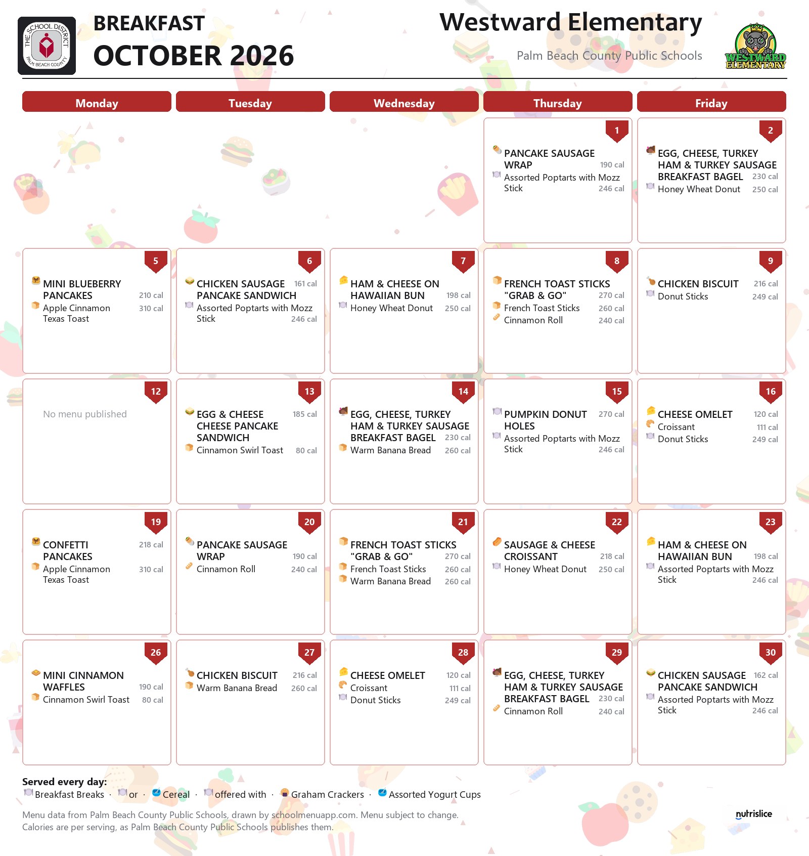 Westward Elementary breakfast menu for October 2026, Palm Beach County Public Schools