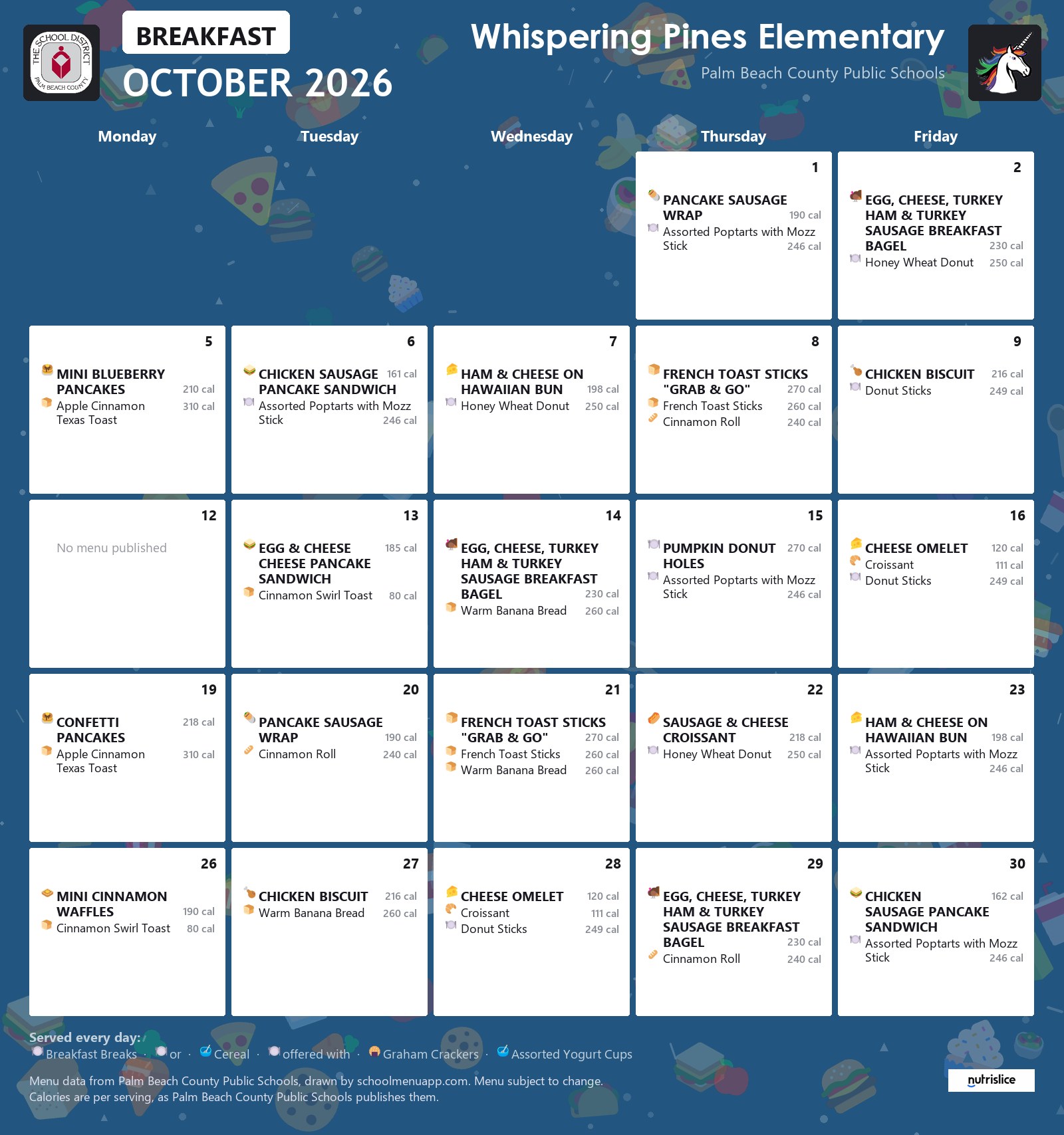 Whispering Pines Elementary breakfast menu for October 2026, Palm Beach County Public Schools