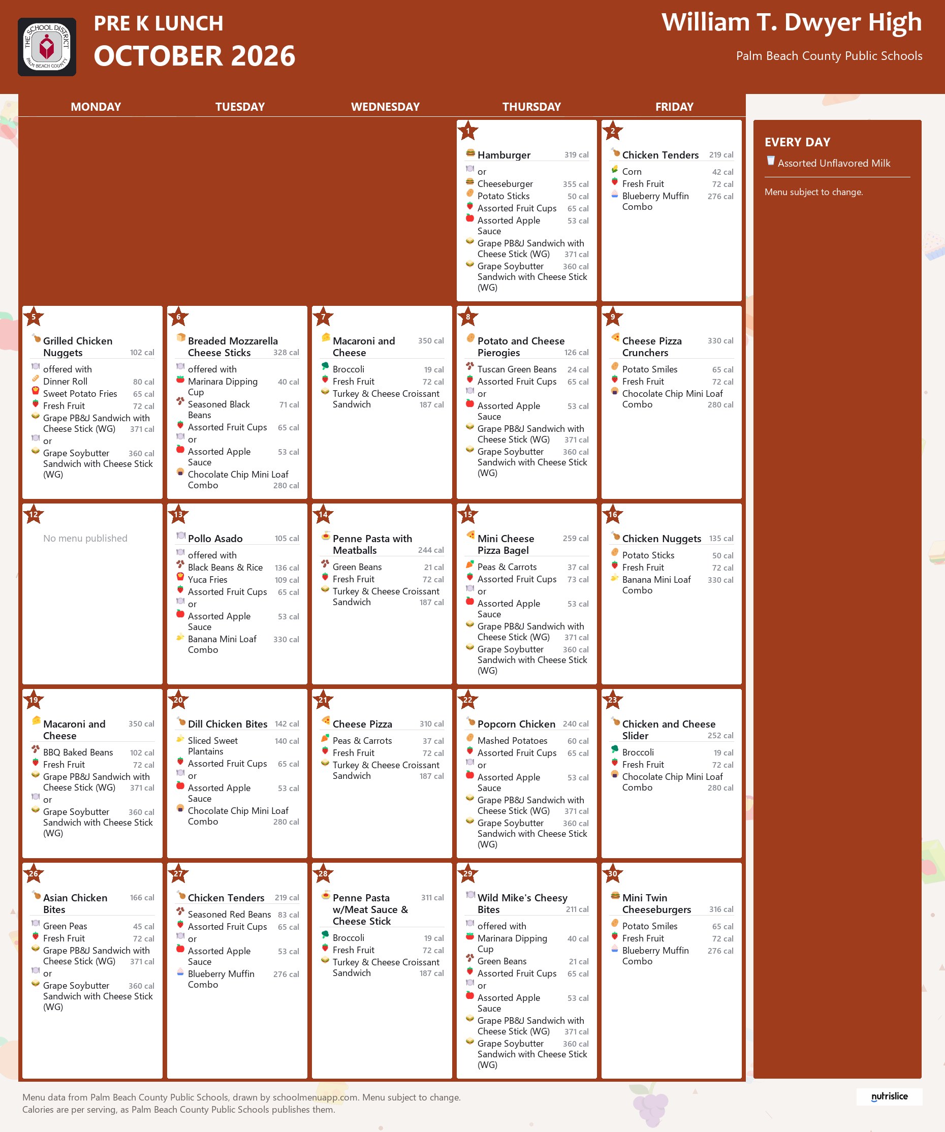 William T. Dwyer High pre k lunch menu for October 2026, Palm Beach County Public Schools