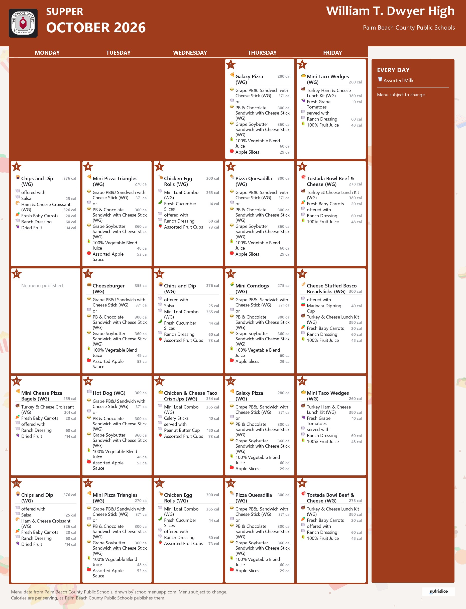 William T. Dwyer High supper menu for October 2026, Palm Beach County Public Schools
