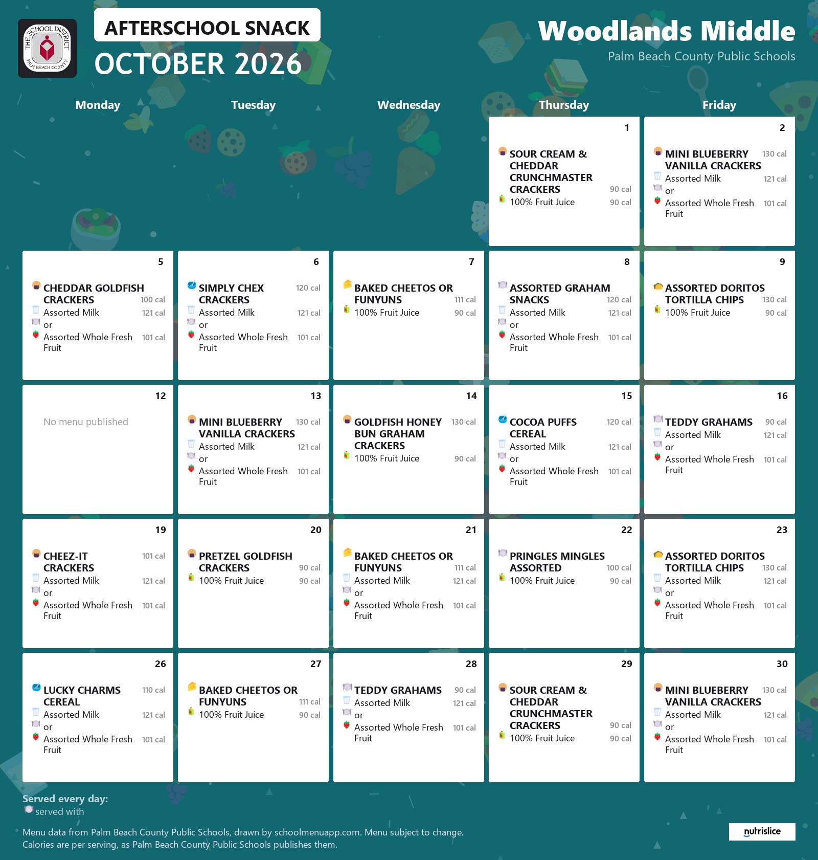 Woodlands Middle afterschool snack menu for October 2026, Palm Beach County Public Schools