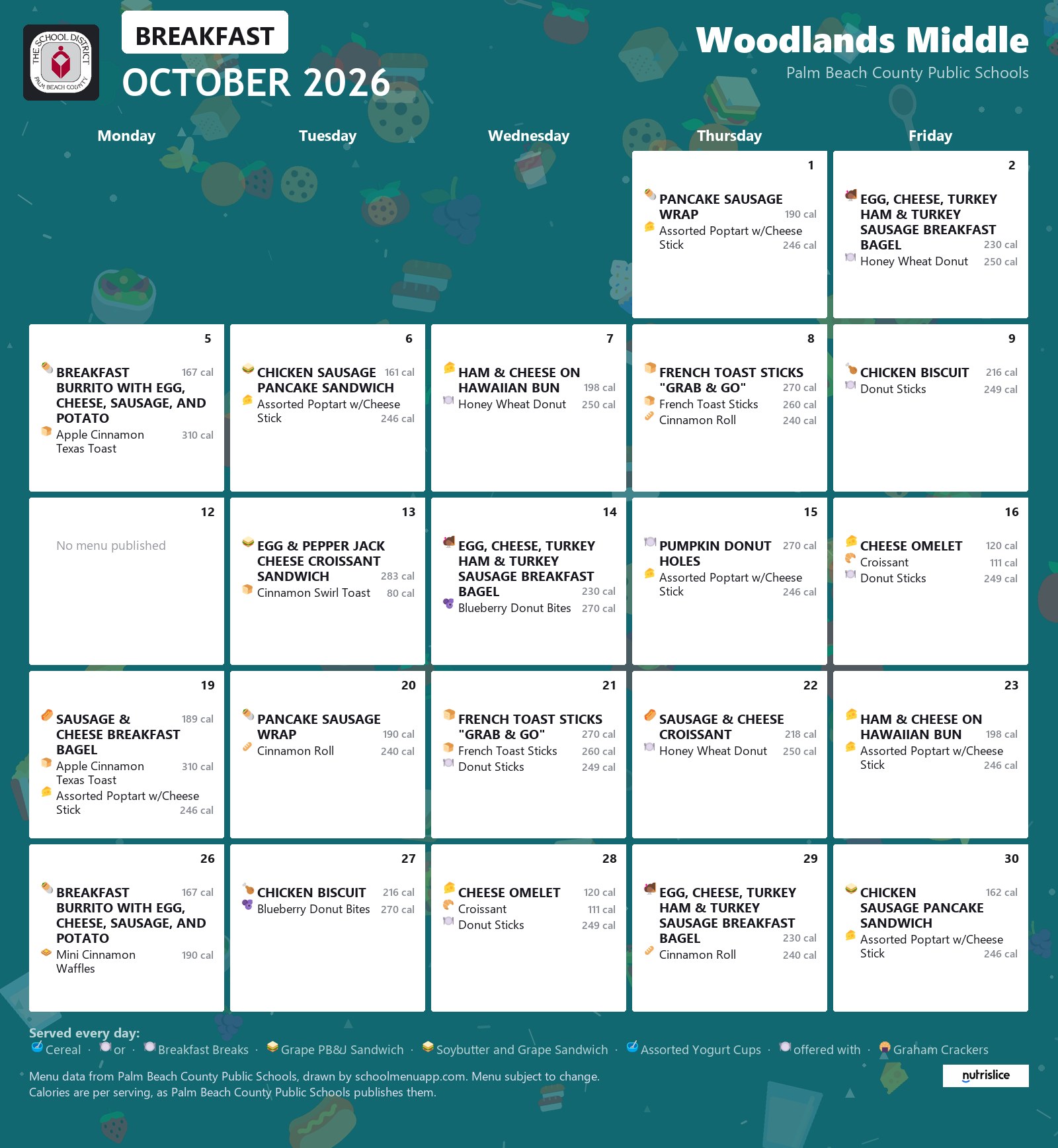 Woodlands Middle breakfast menu for October 2026, Palm Beach County Public Schools