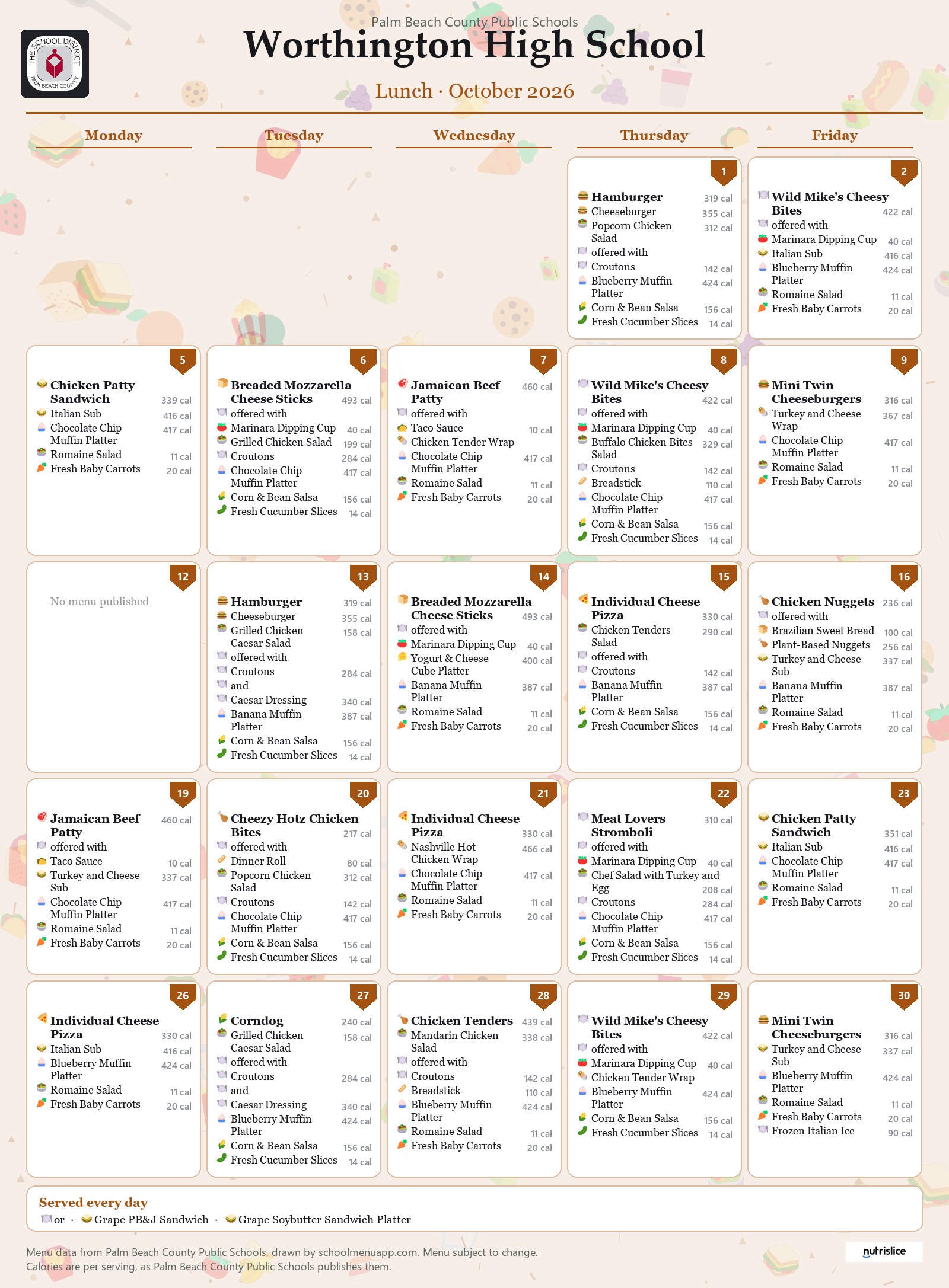 Worthington High School lunch menu for October 2026, Palm Beach County Public Schools