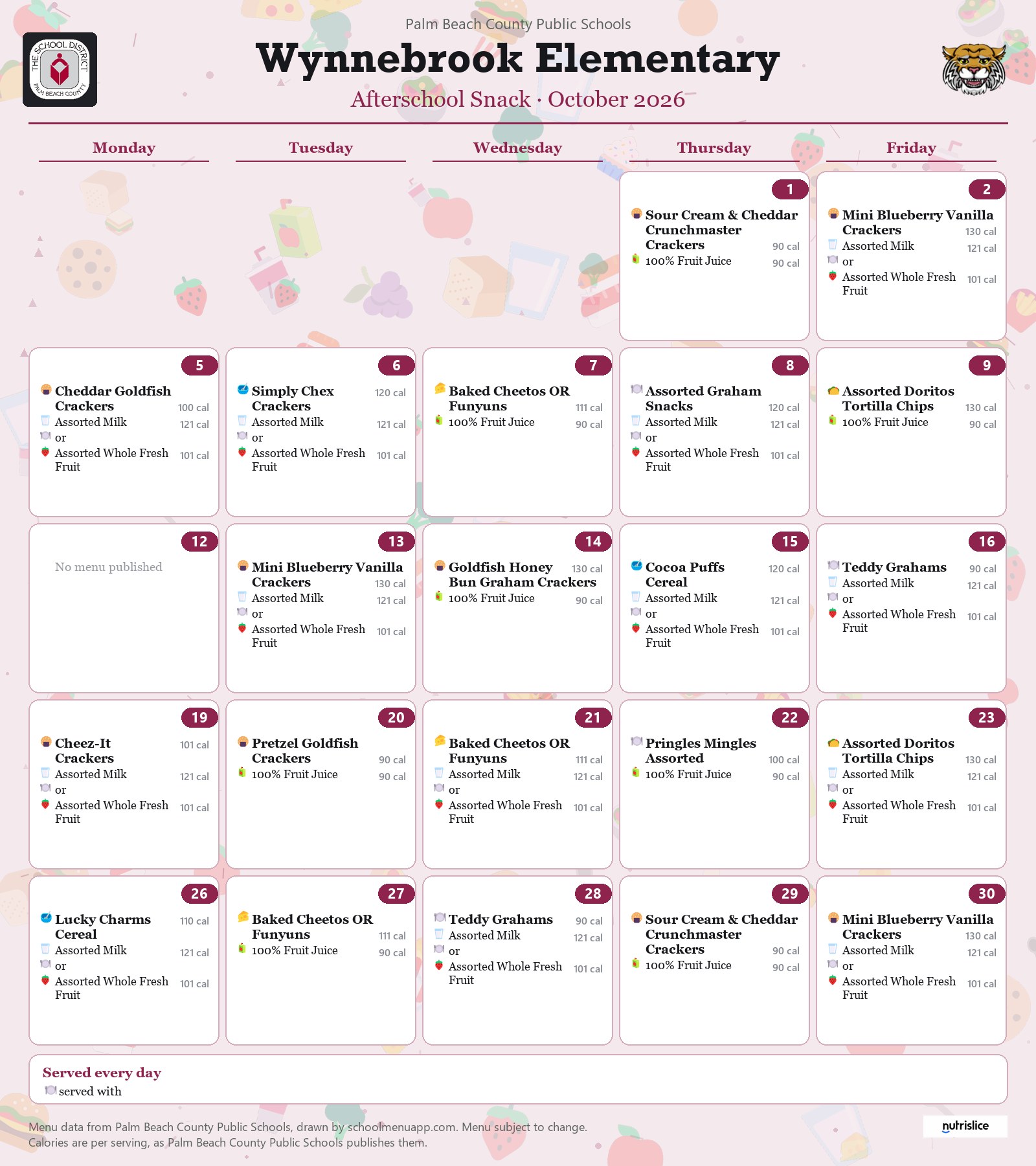 Wynnebrook Elementary afterschool snack menu for October 2026, Palm Beach County Public Schools