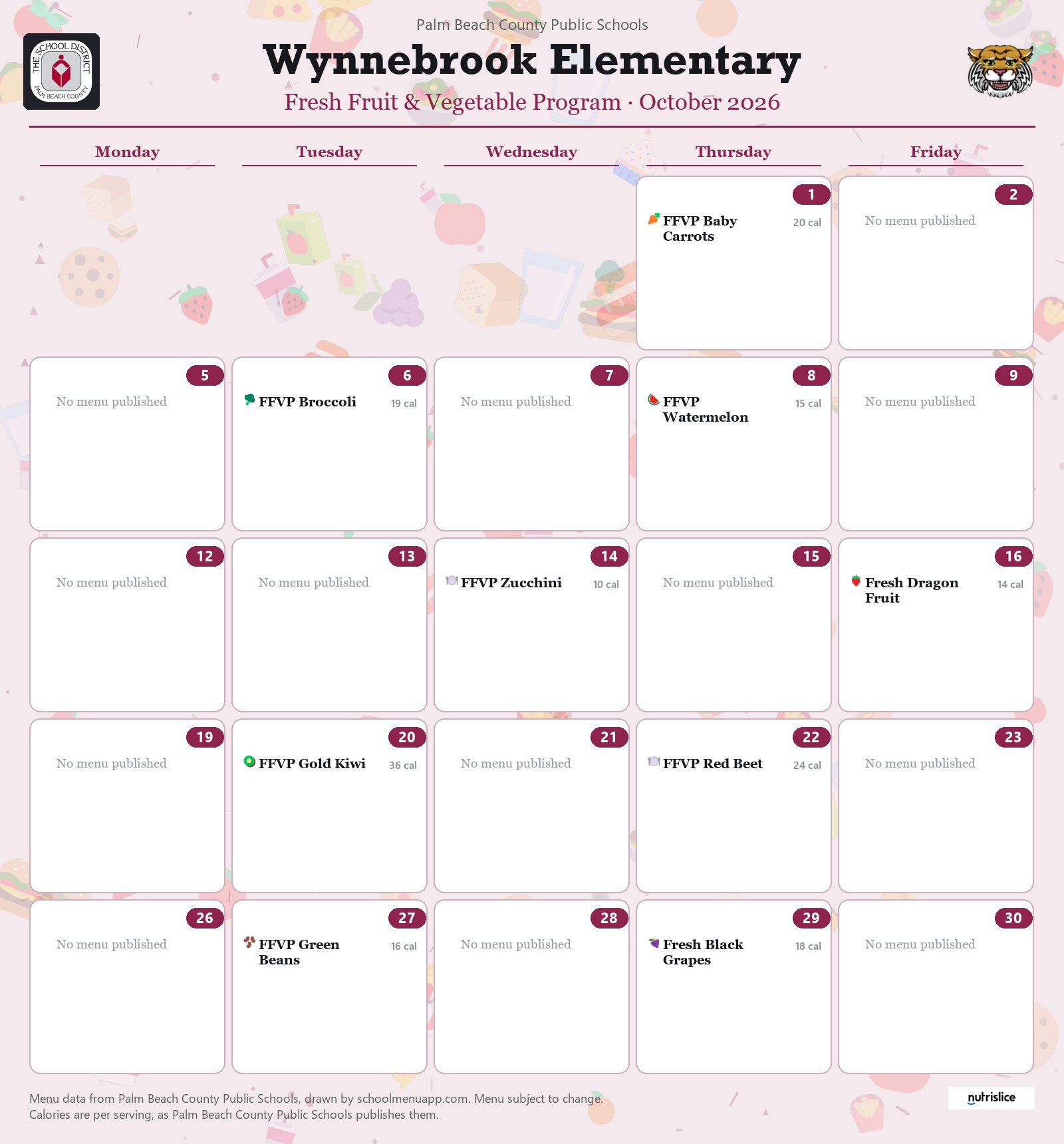 Wynnebrook Elementary fresh fruit & vegetable program menu for October 2026, Palm Beach County Public Schools
