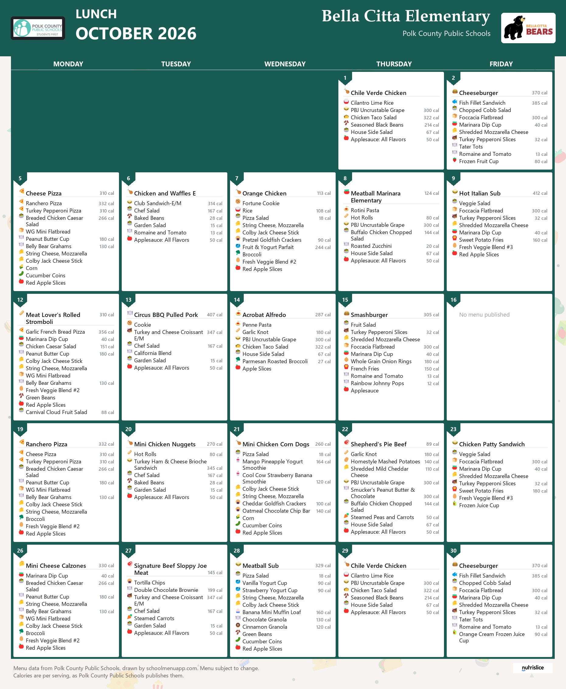 Bella Citta Elementary lunch menu for October 2026, Polk County Public Schools
