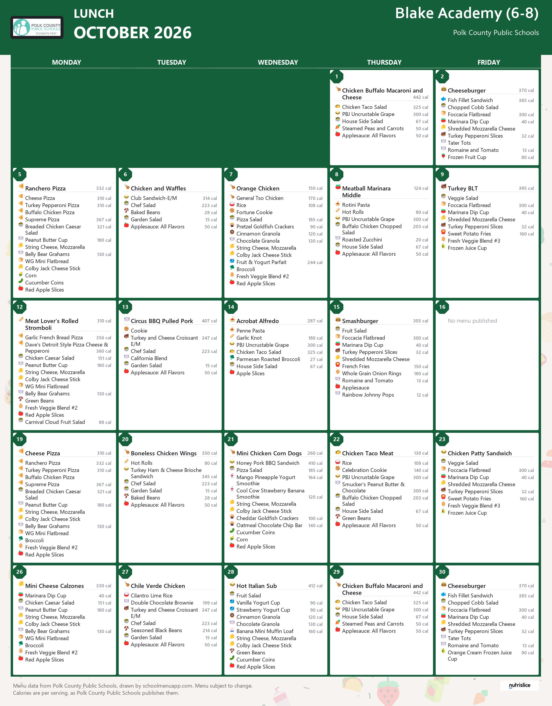 Blake Academy (6-8) lunch menu for October 2026, Polk County Public Schools