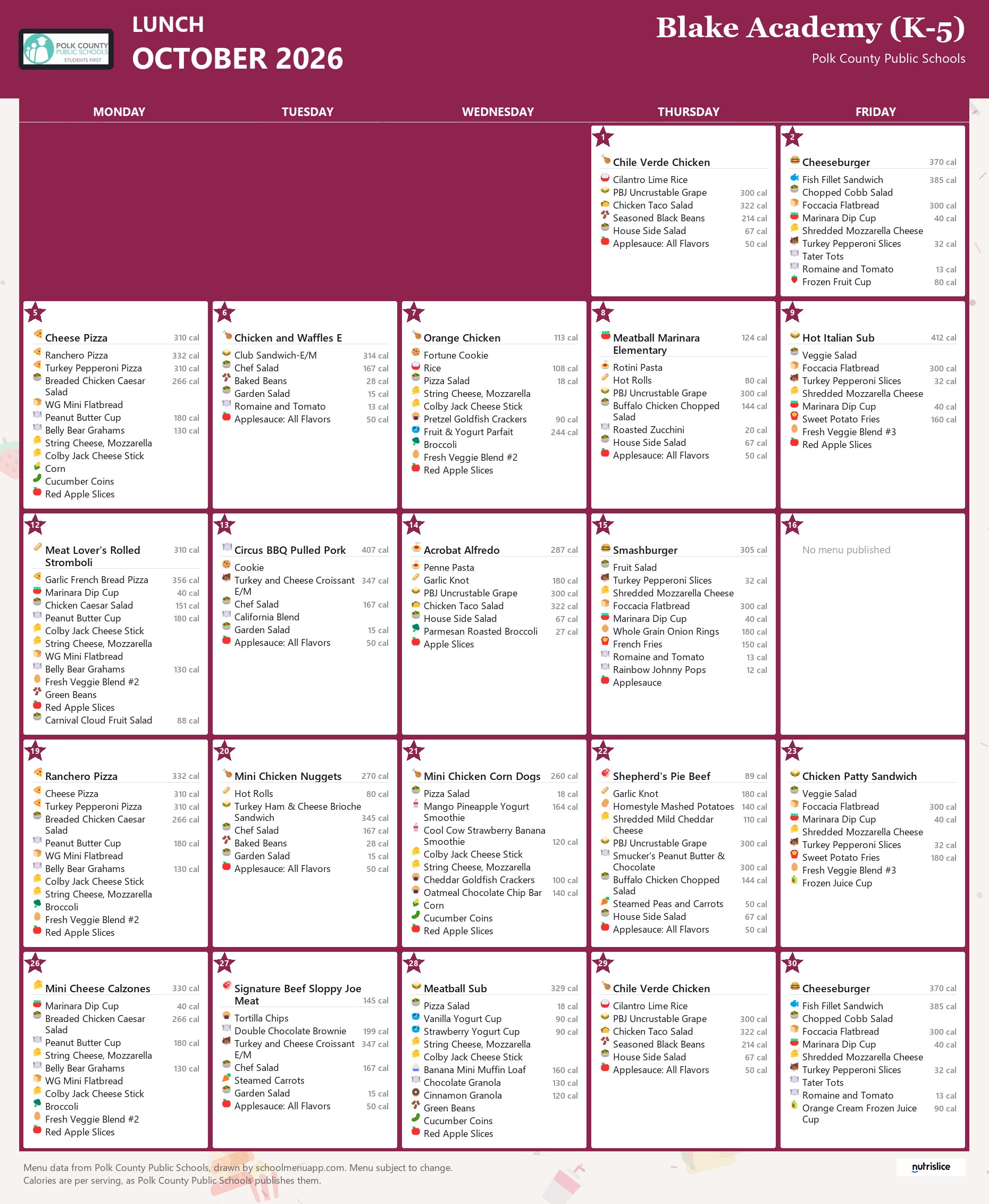 Blake Academy (K-5) lunch menu for October 2026, Polk County Public Schools
