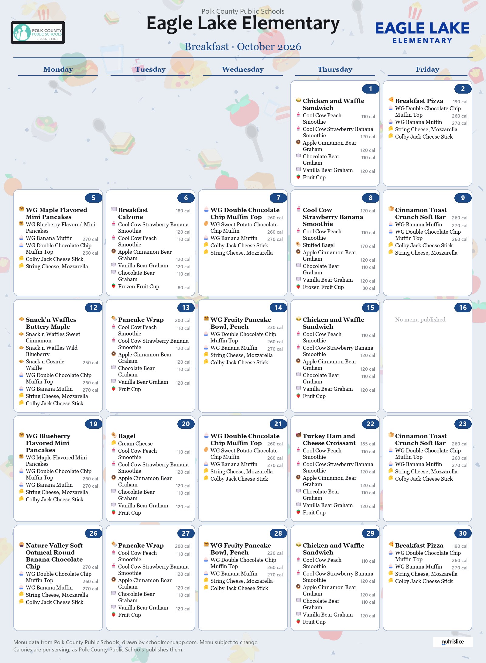 Eagle Lake Elementary breakfast menu for October 2026, Polk County Public Schools