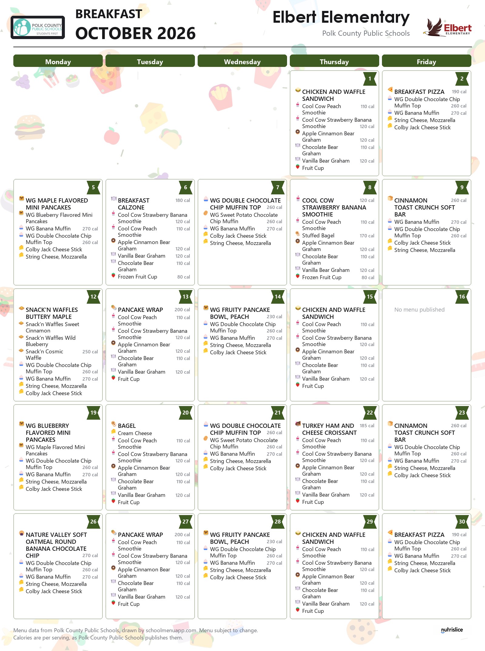 Elbert Elementary breakfast menu for October 2026, Polk County Public Schools