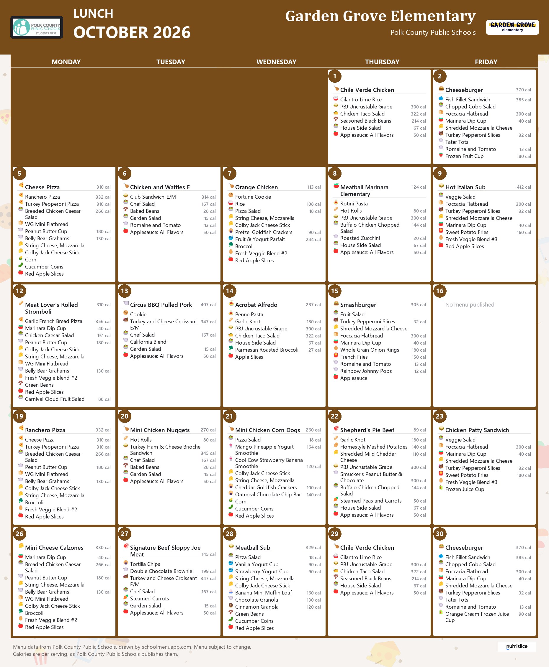 Garden Grove Elementary lunch menu for October 2026, Polk County Public Schools