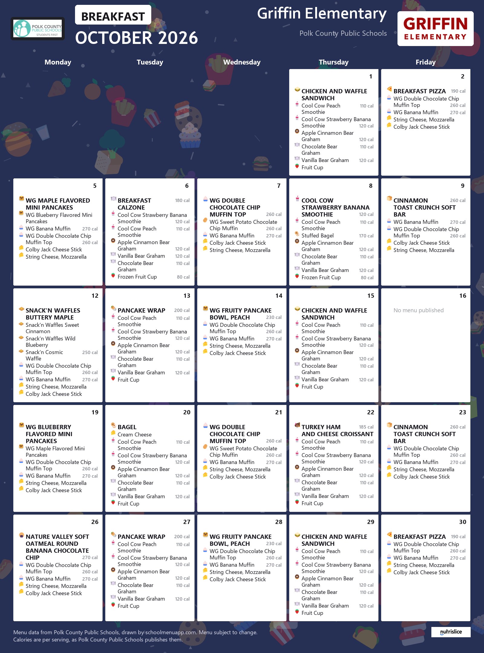 Griffin Elementary breakfast menu for October 2026, Polk County Public Schools