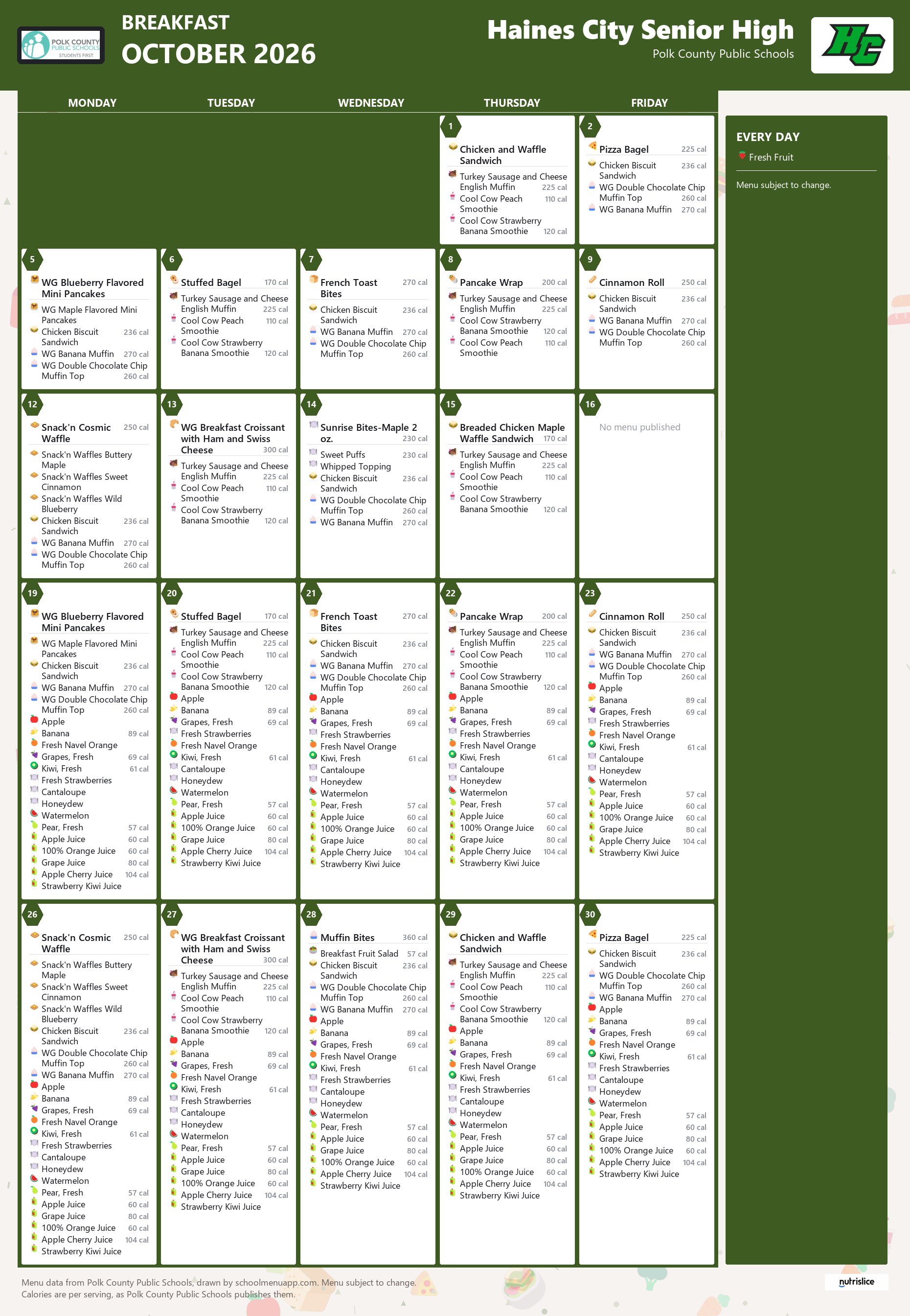 Haines City Senior High breakfast menu for October 2026, Polk County Public Schools