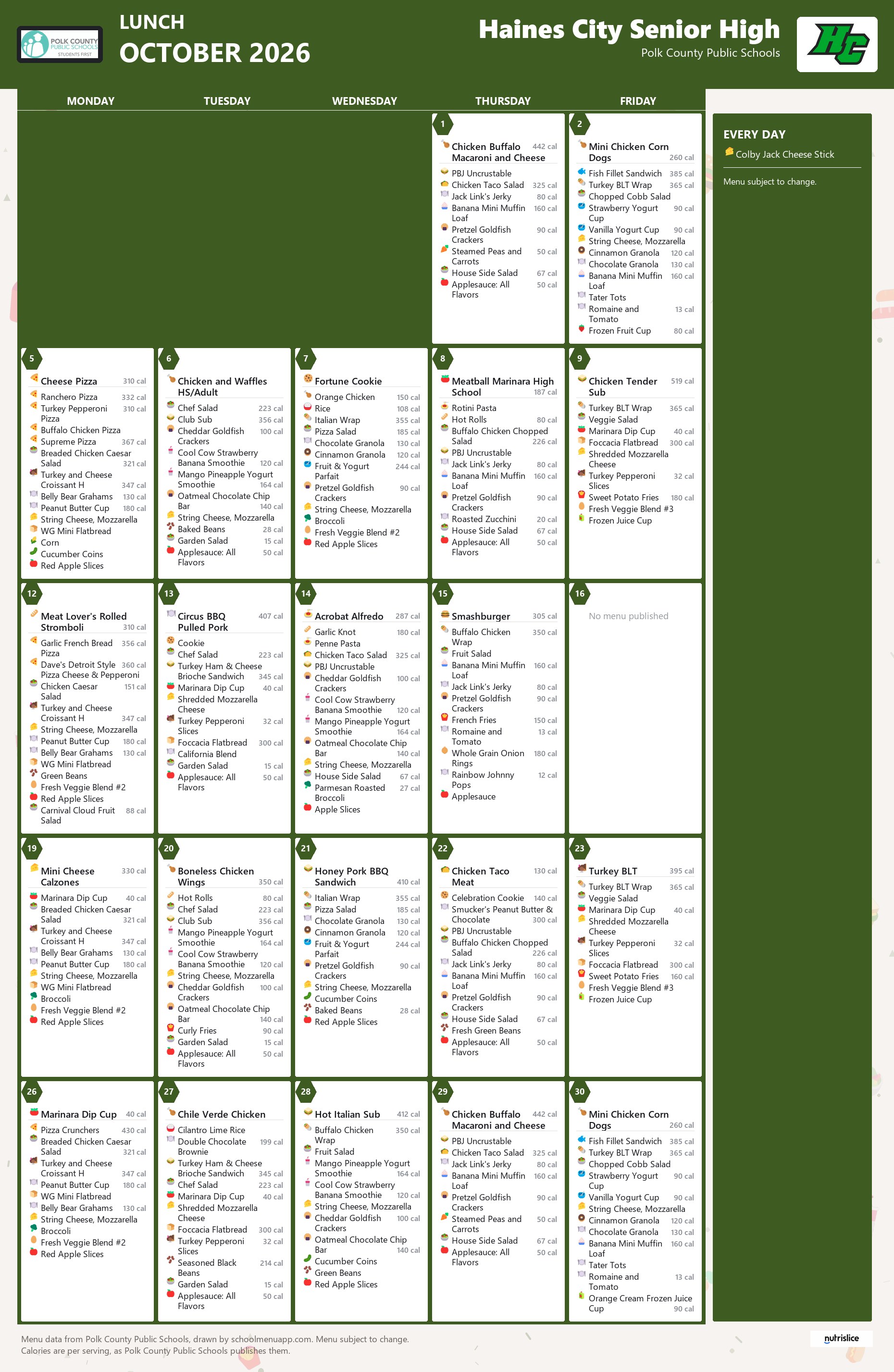 Haines City Senior High lunch menu for October 2026, Polk County Public Schools
