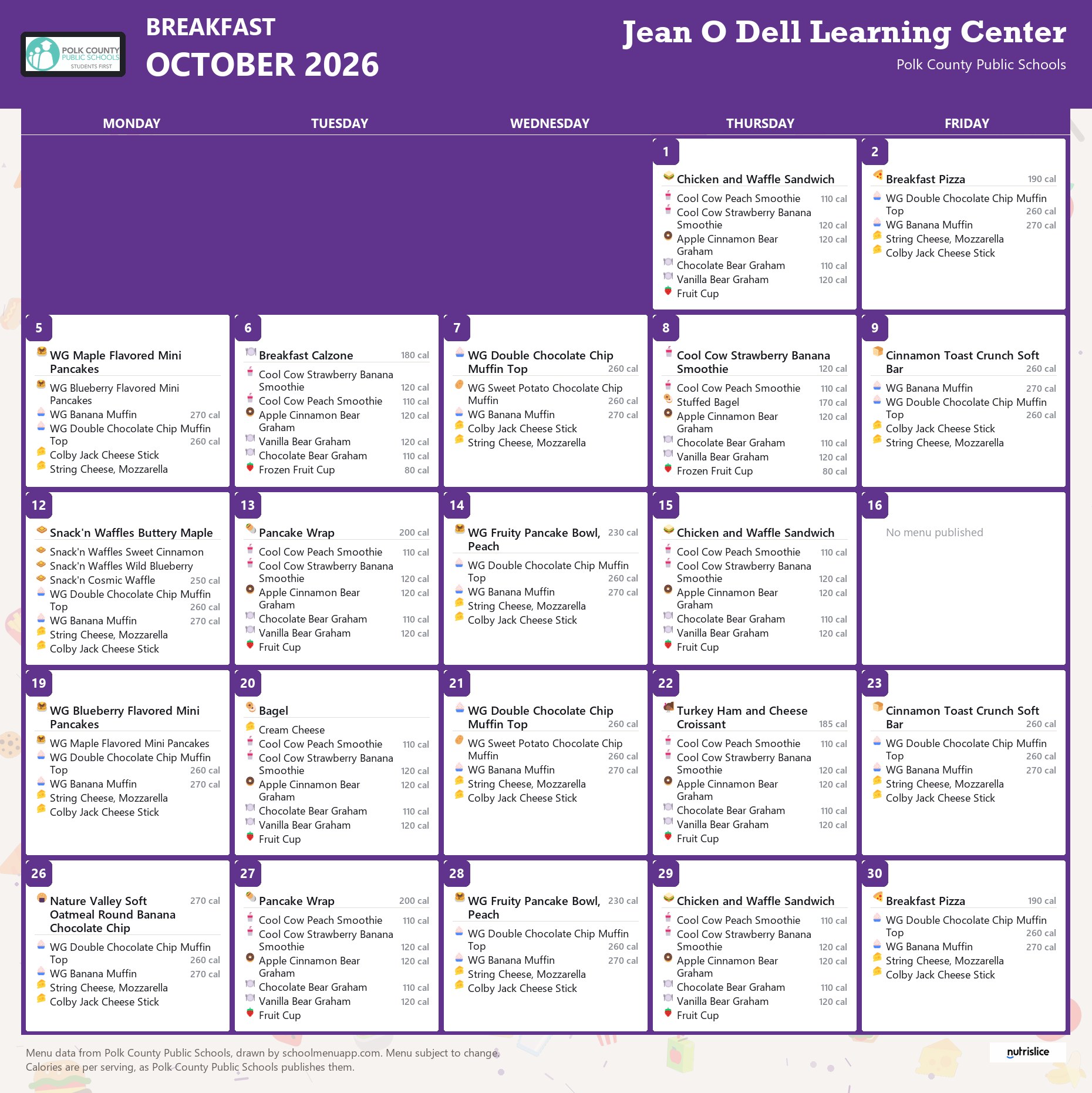 Jean O Dell Learning Center breakfast menu for October 2026, Polk County Public Schools