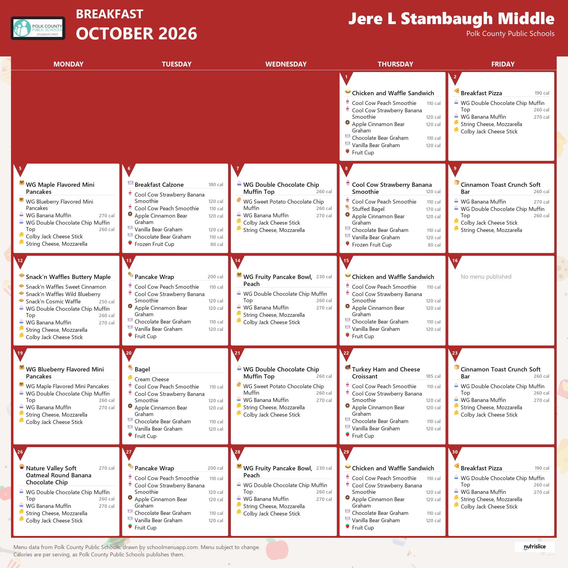 Jere L Stambaugh Middle breakfast menu for October 2026, Polk County Public Schools