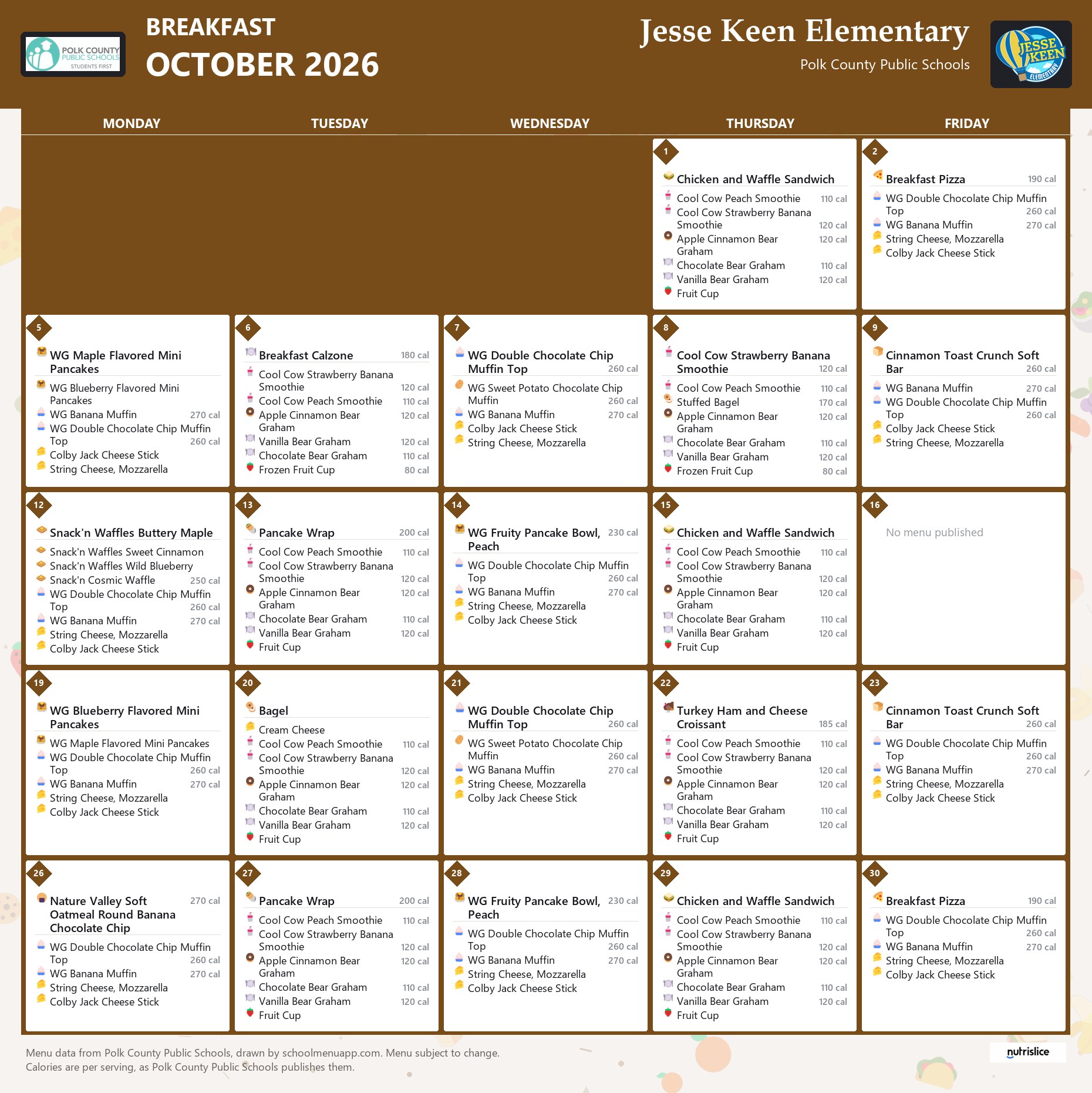 Jesse Keen Elementary breakfast menu for October 2026, Polk County Public Schools