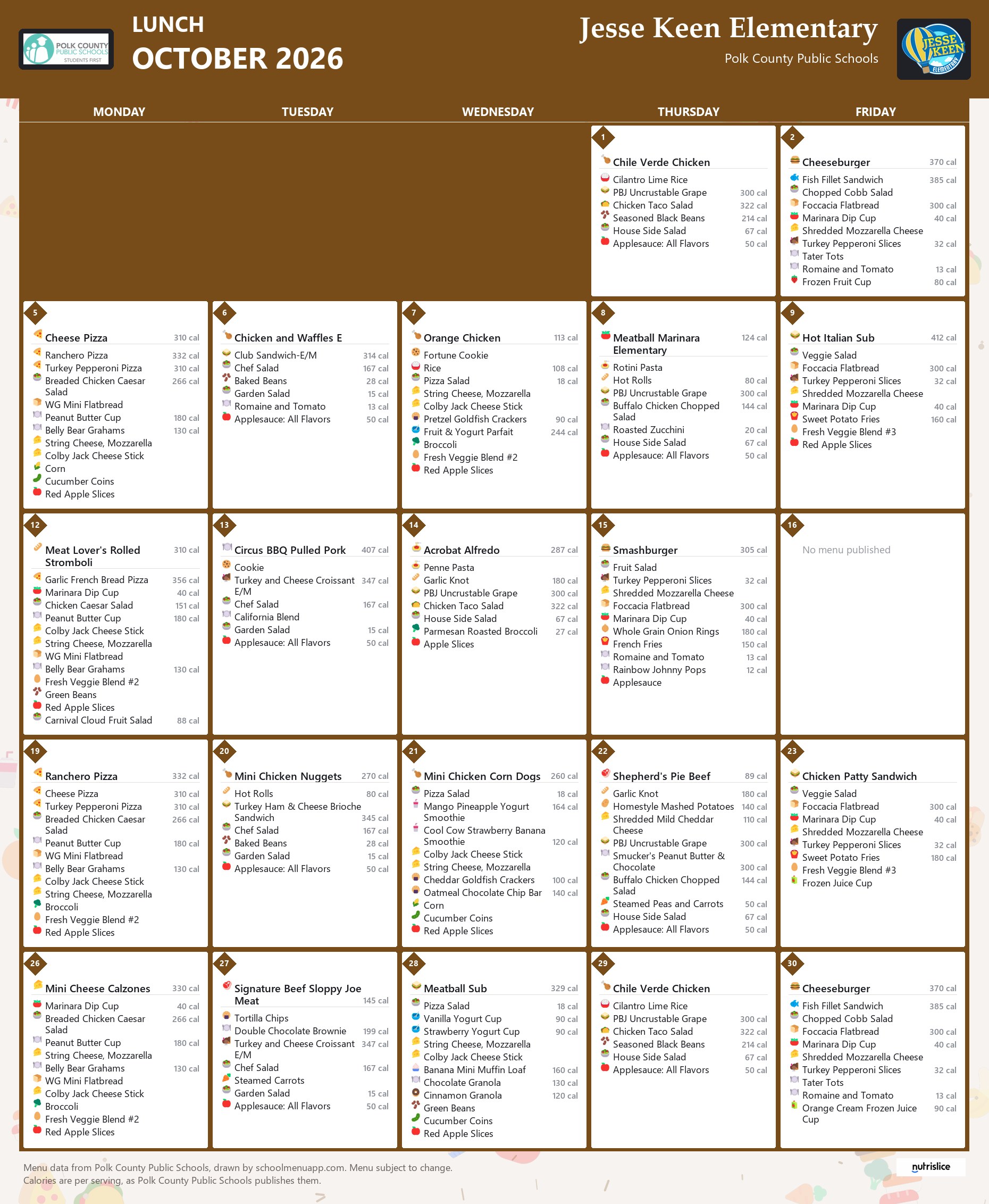 Jesse Keen Elementary lunch menu for October 2026, Polk County Public Schools