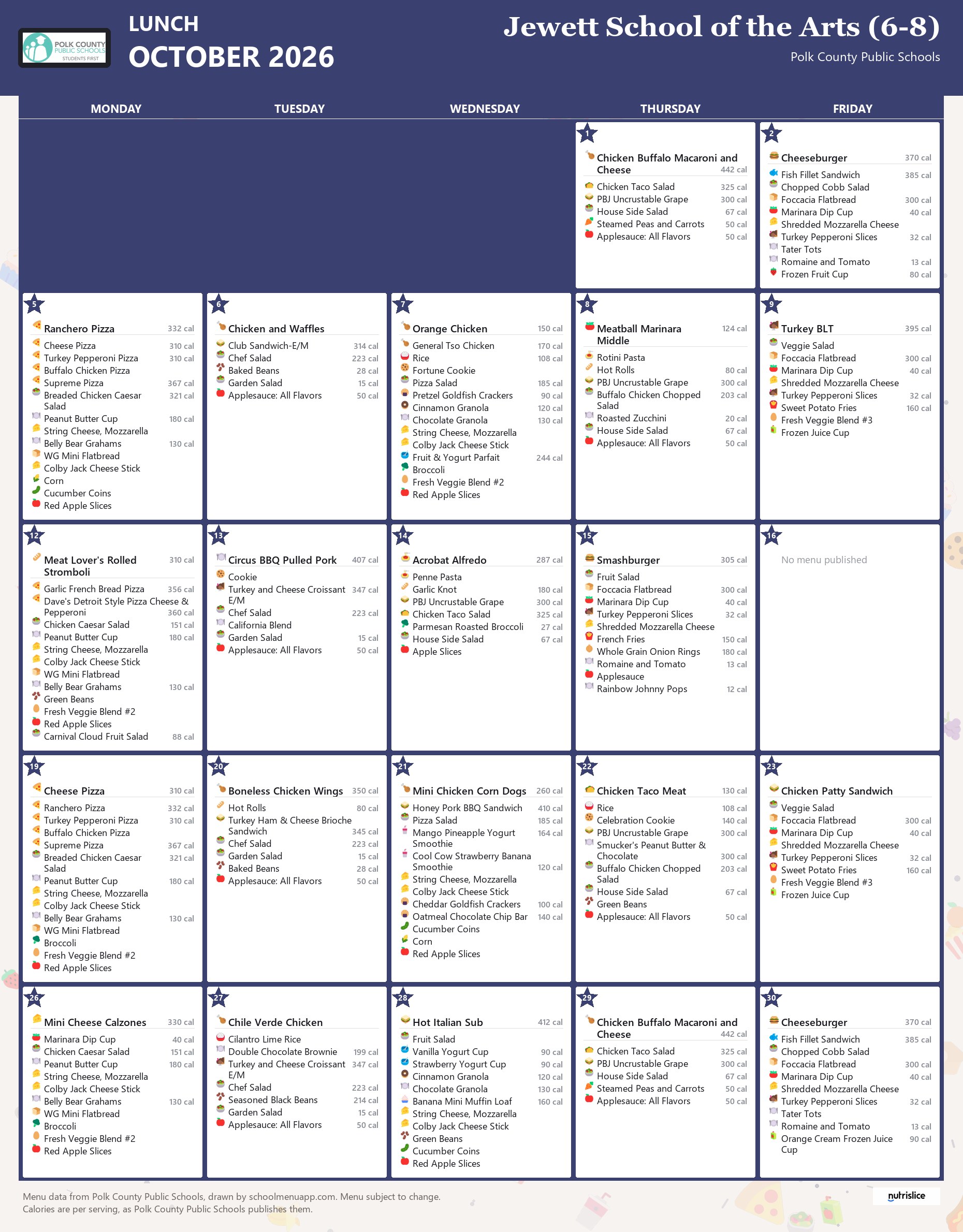 Jewett School of the Arts (6-8) lunch menu for October 2026, Polk County Public Schools