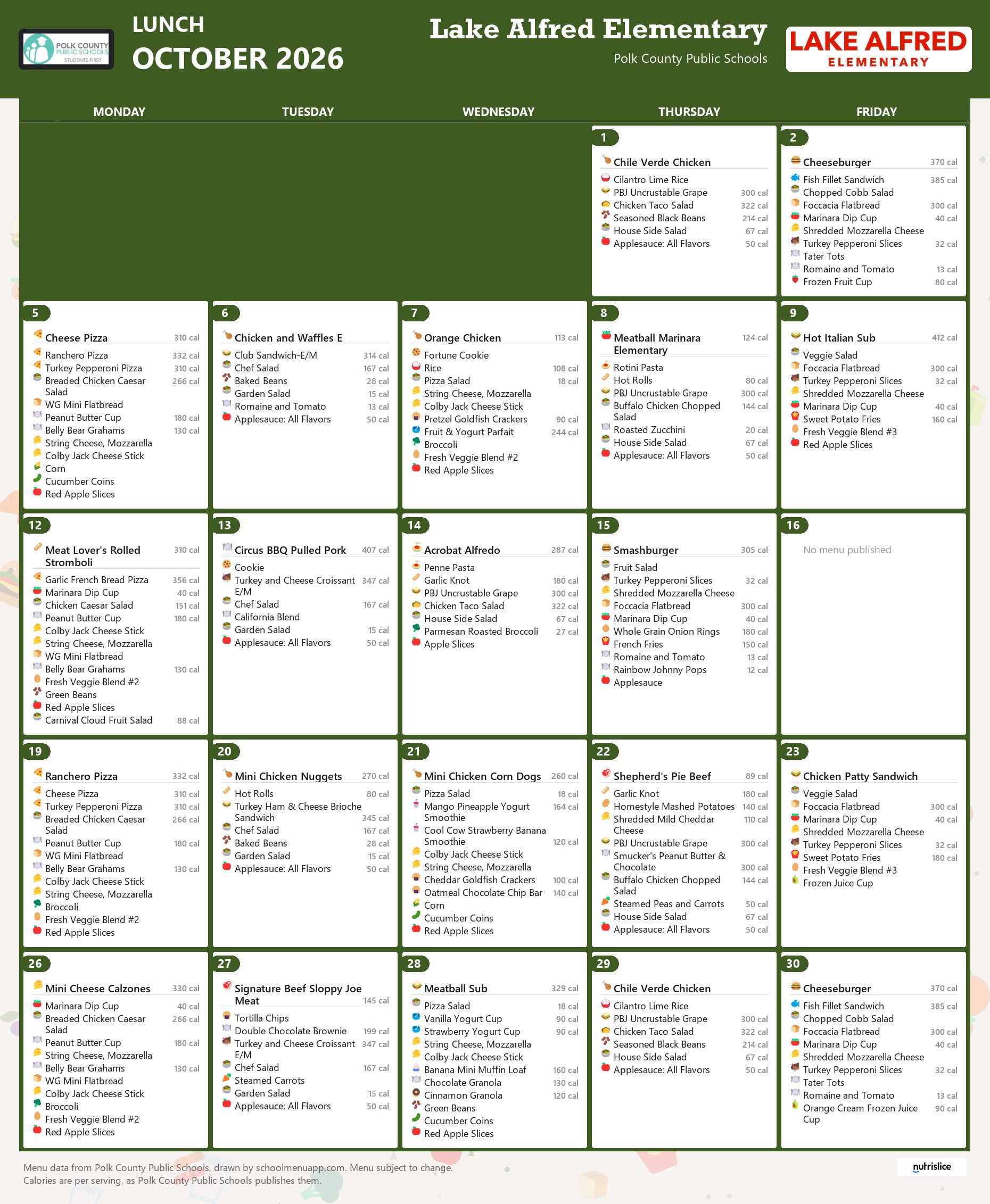 Lake Alfred Elementary lunch menu for October 2026, Polk County Public Schools