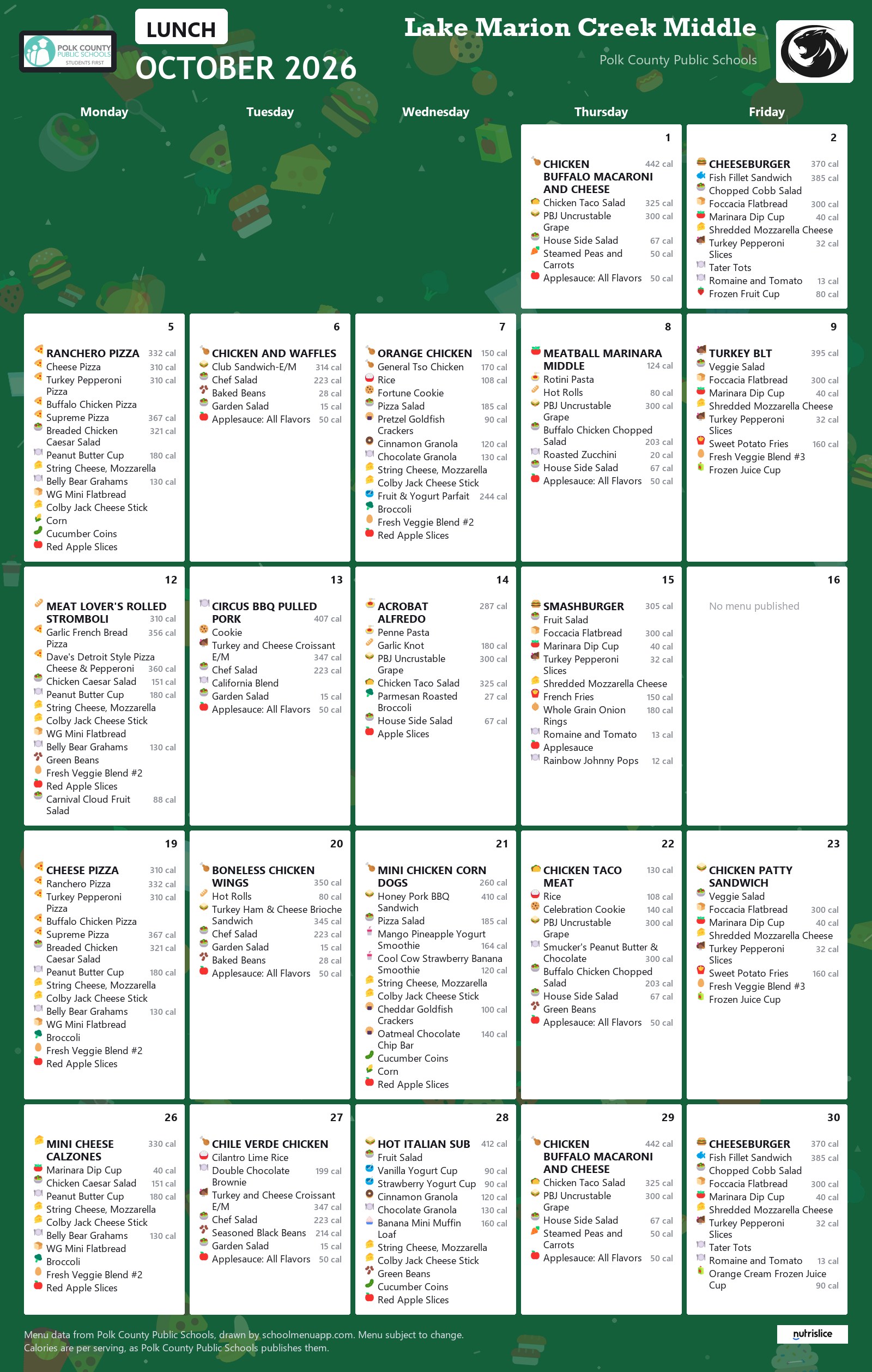 Lake Marion Creek Middle lunch menu for October 2026, Polk County Public Schools
