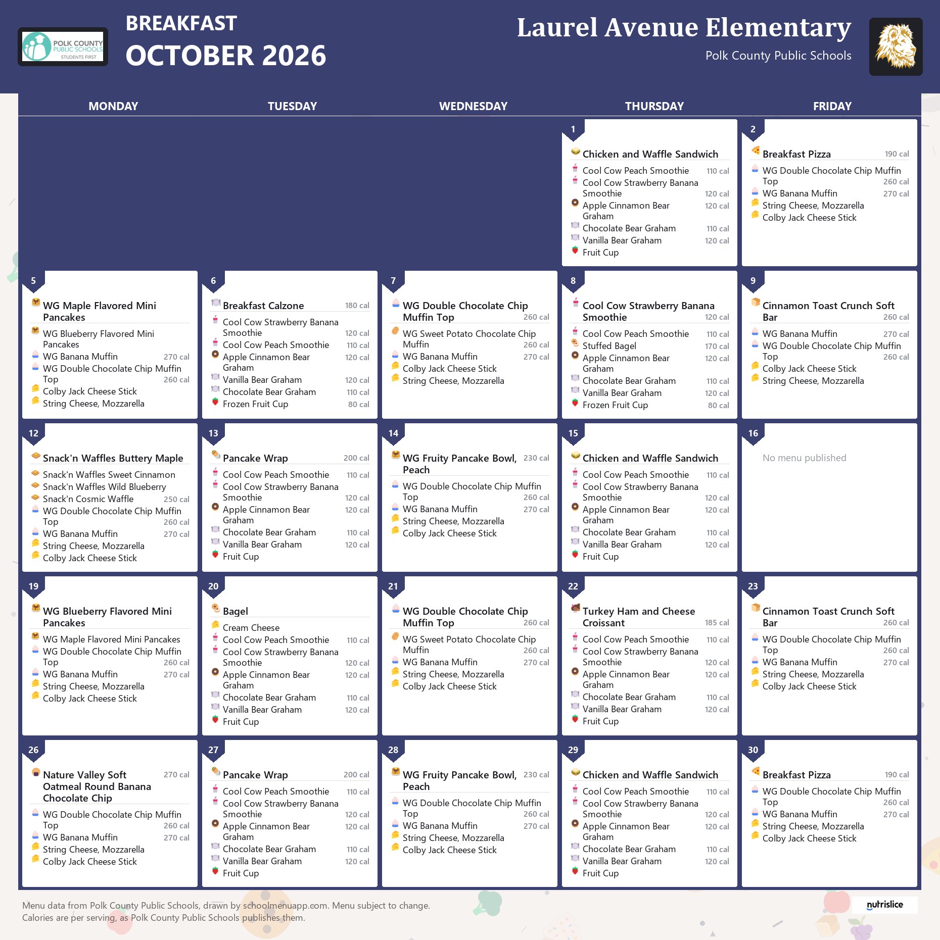 Laurel Avenue Elementary breakfast menu for October 2026, Polk County Public Schools