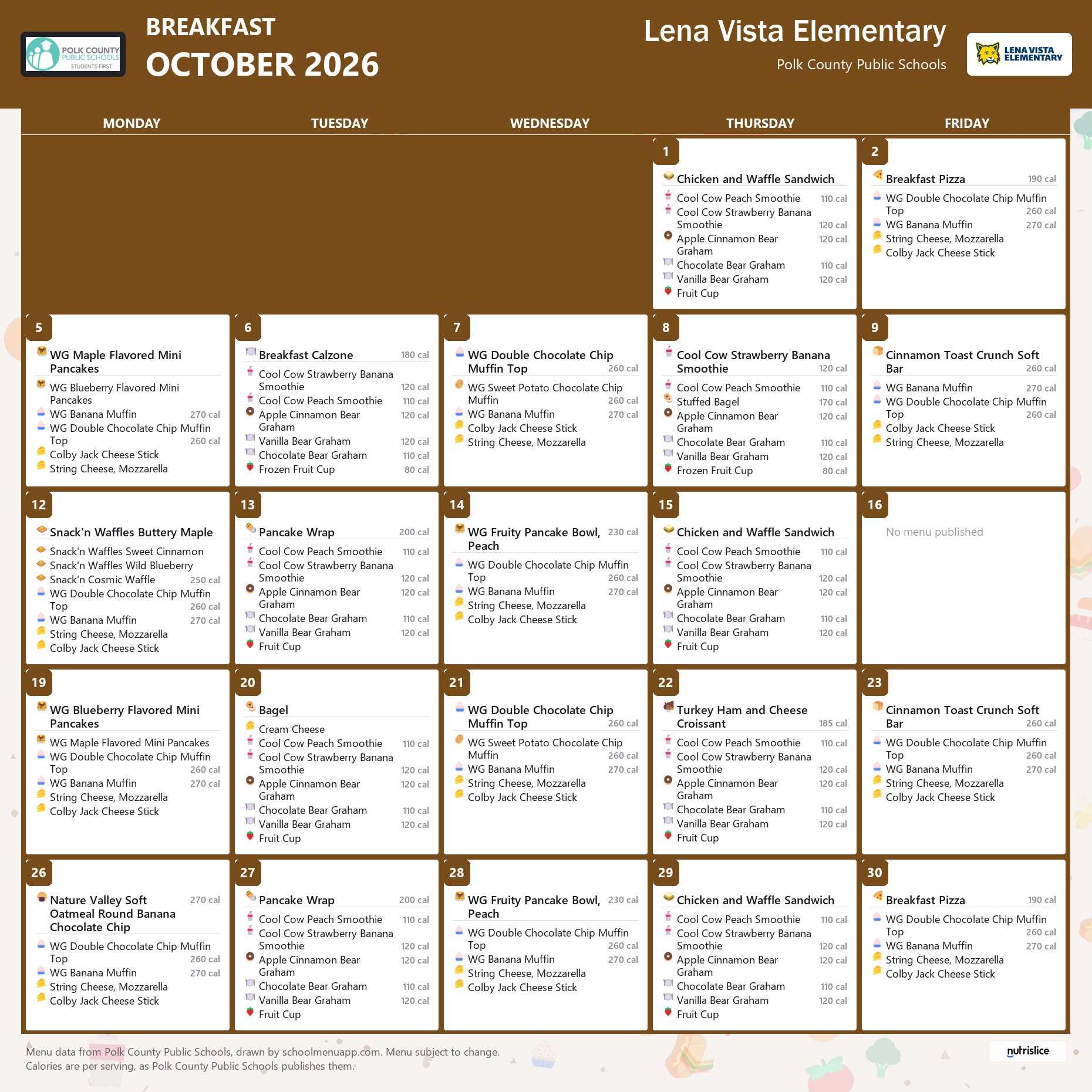 Lena Vista Elementary breakfast menu for October 2026, Polk County Public Schools