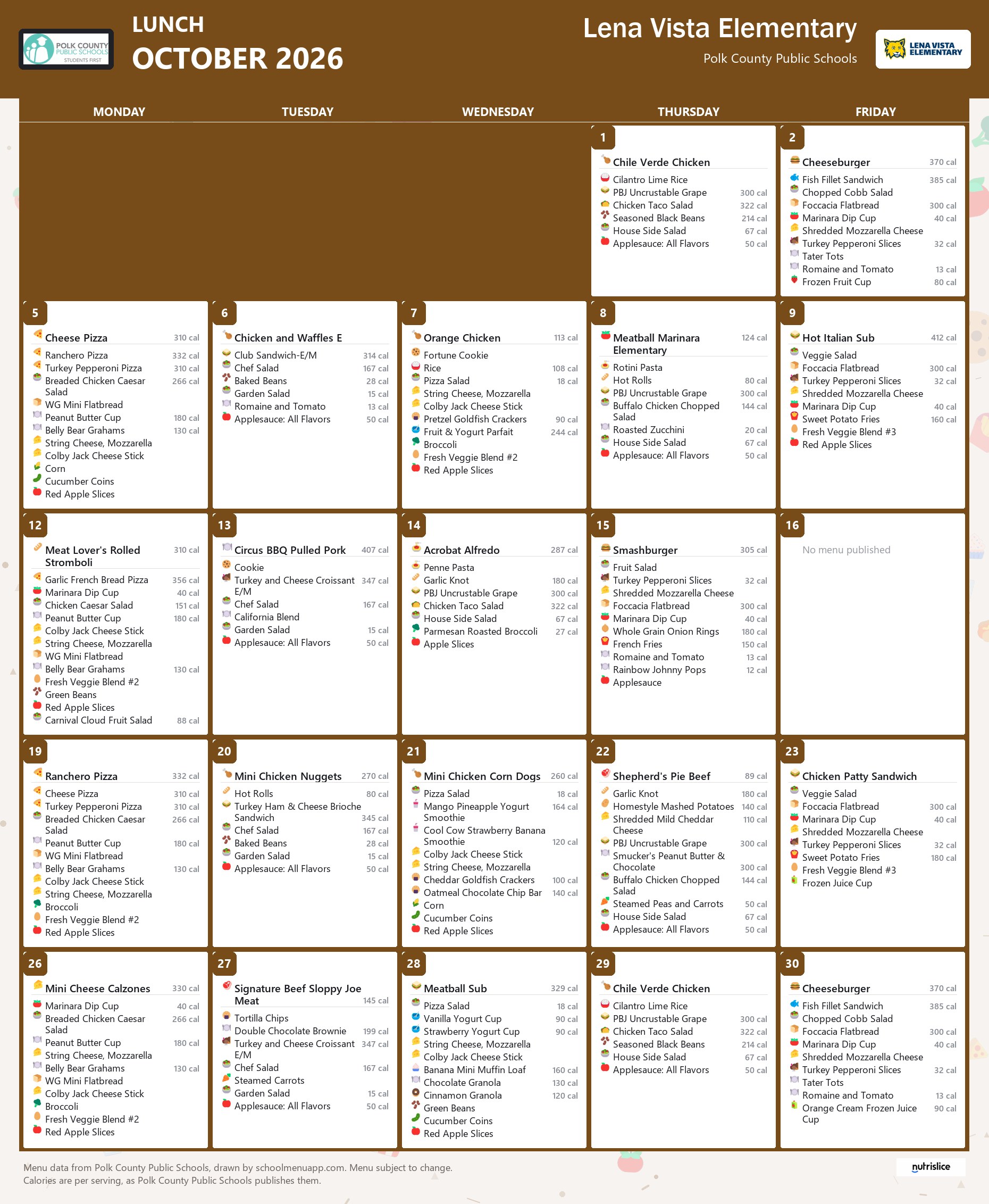 Lena Vista Elementary lunch menu for October 2026, Polk County Public Schools