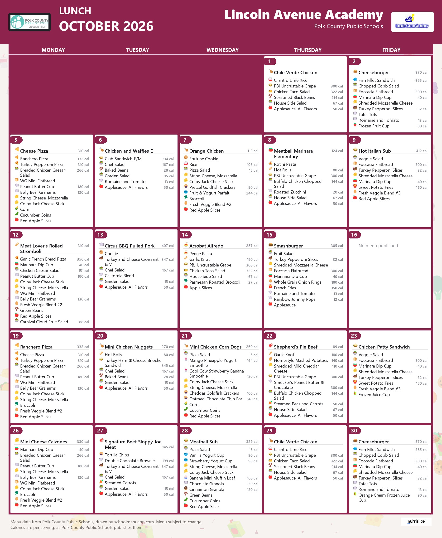 Lincoln Avenue Academy lunch menu for October 2026, Polk County Public Schools