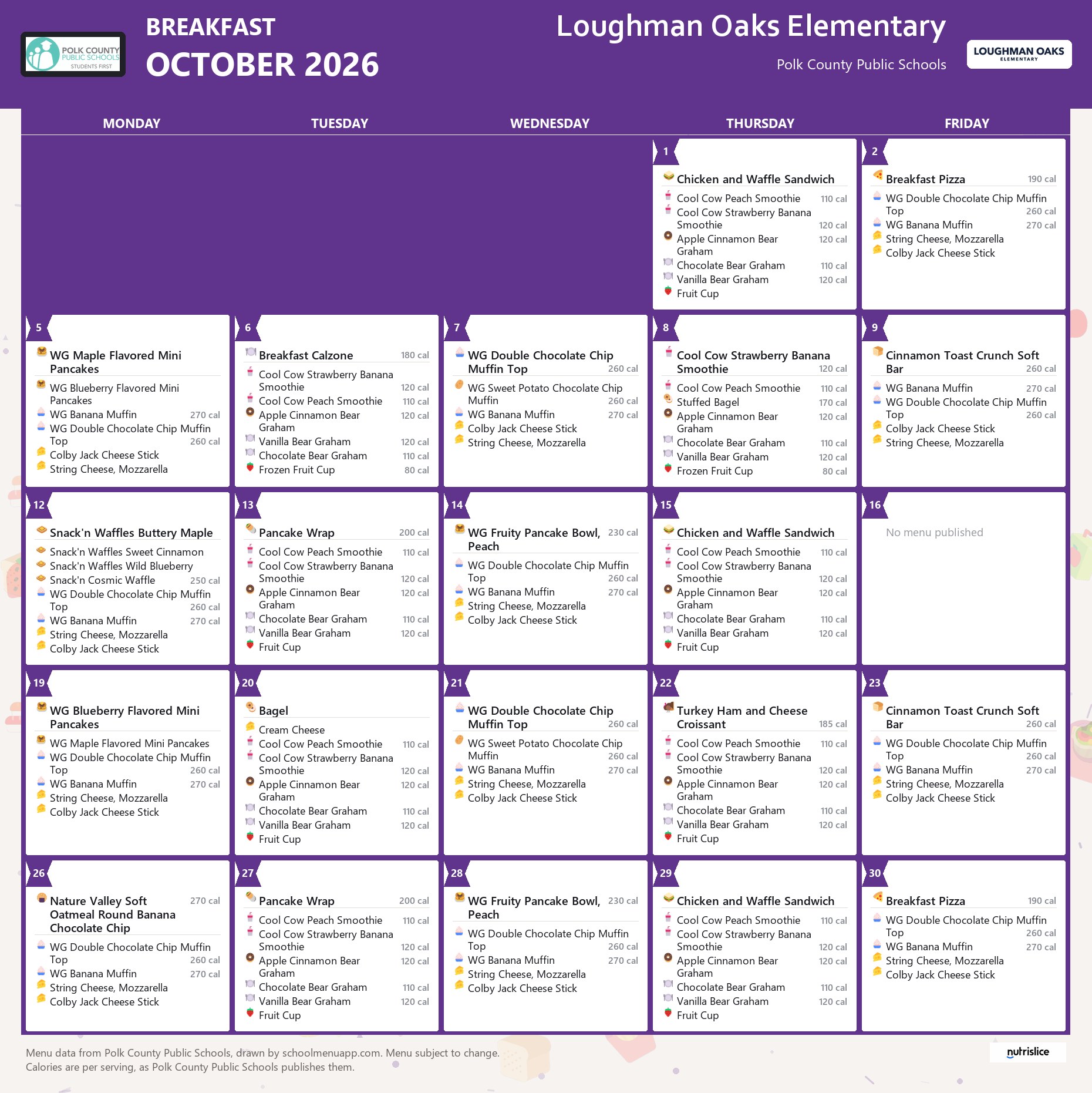 Loughman Oaks Elementary breakfast menu for October 2026, Polk County Public Schools