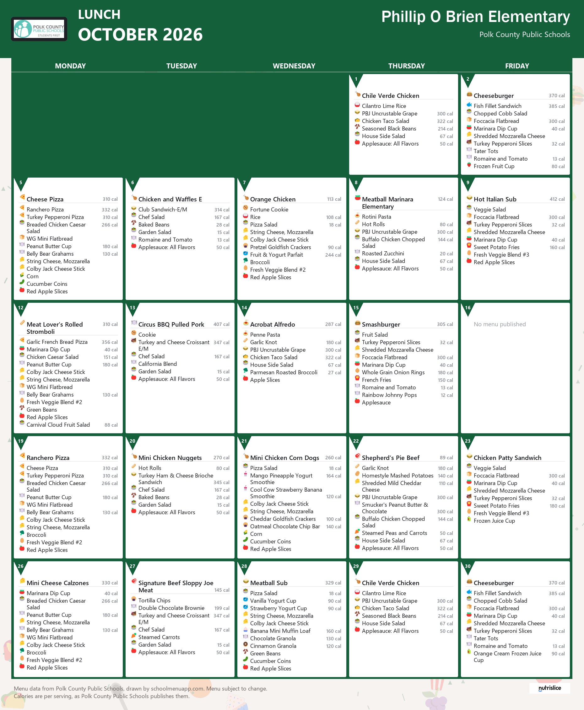 Phillip O Brien Elementary lunch menu for October 2026, Polk County Public Schools