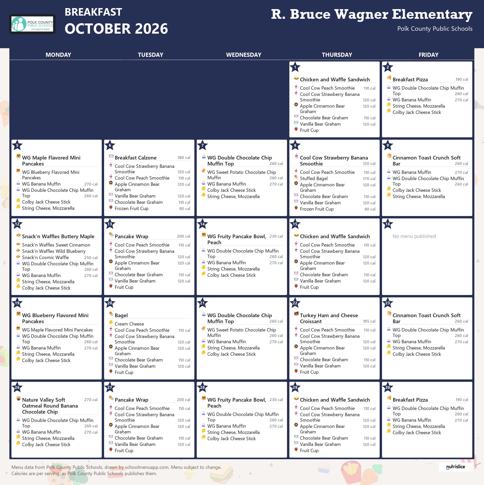 R. Bruce Wagner Elementary breakfast menu for October 2026, Polk County Public Schools