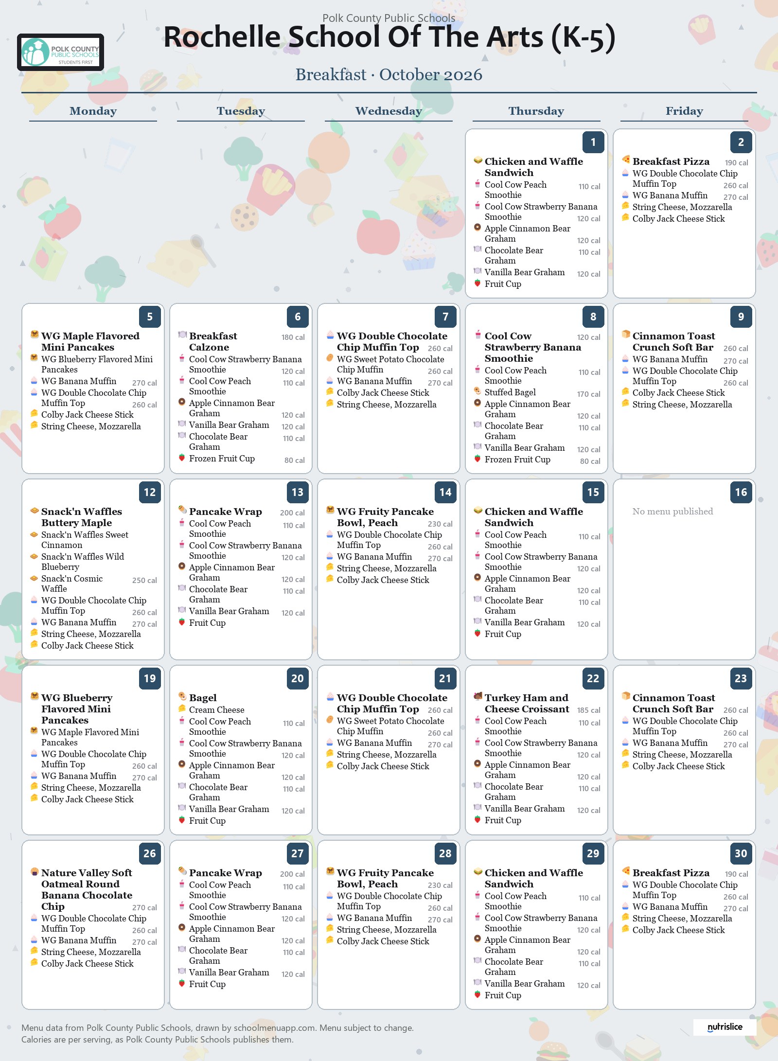 Rochelle School Of The Arts (K-5) breakfast menu for October 2026, Polk County Public Schools