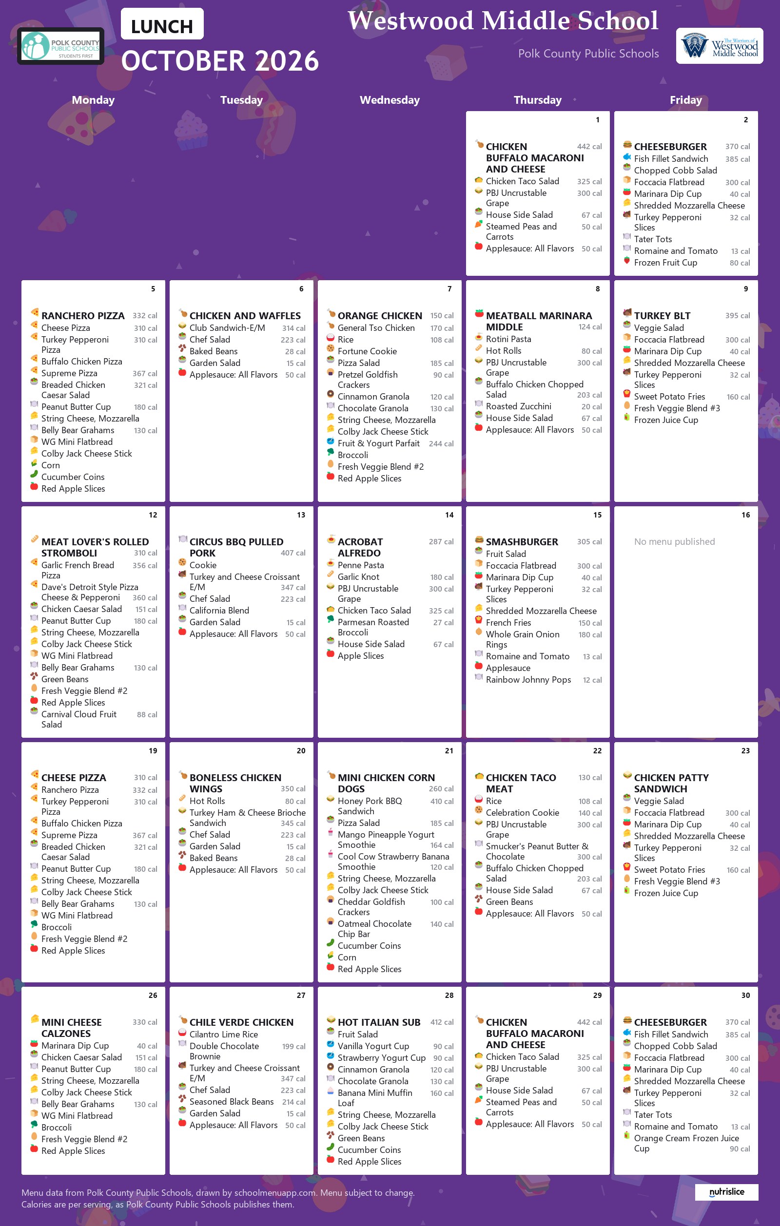 Westwood Middle School lunch menu for October 2026, Polk County Public Schools