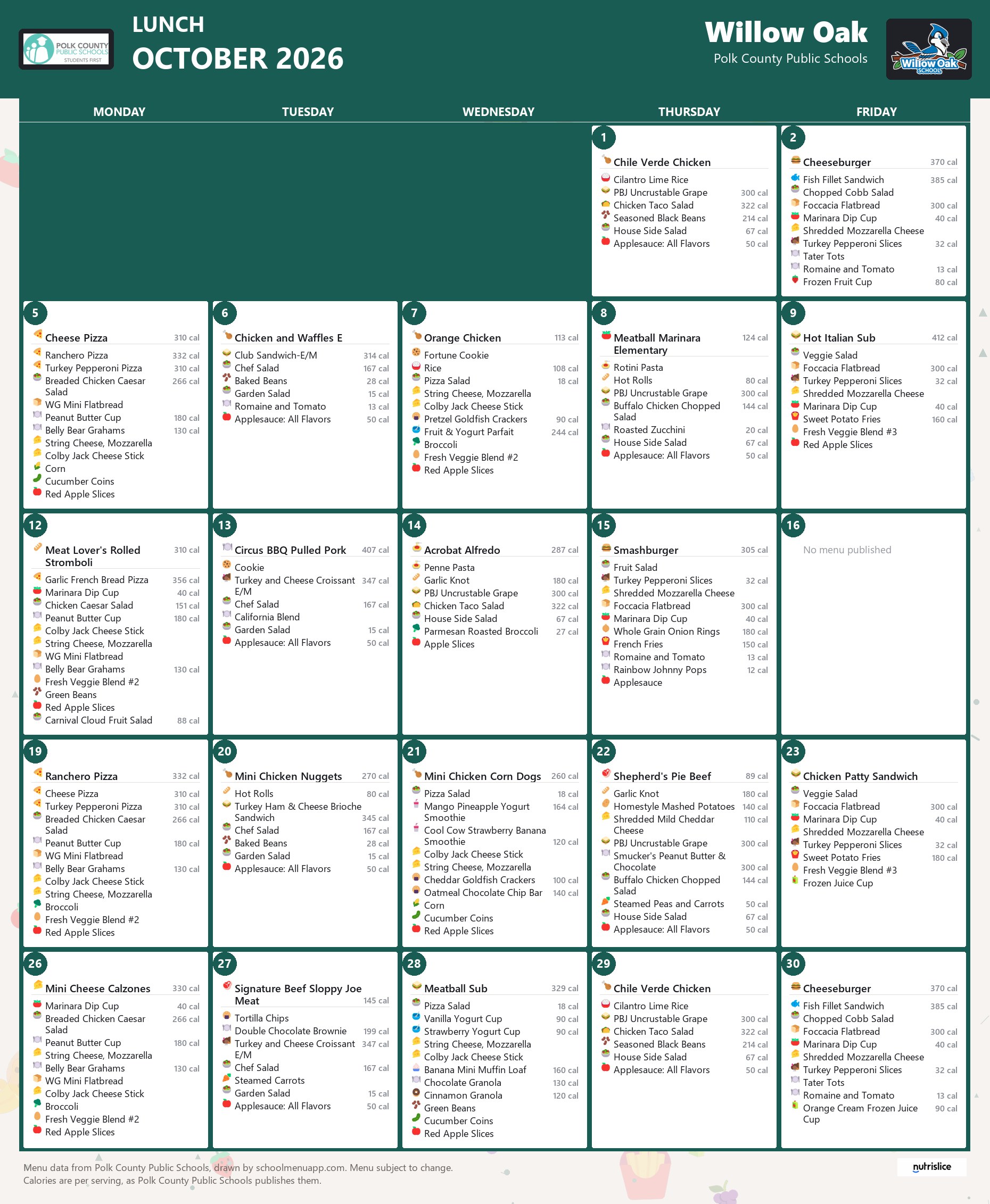 Willow Oak lunch menu for October 2026, Polk County Public Schools