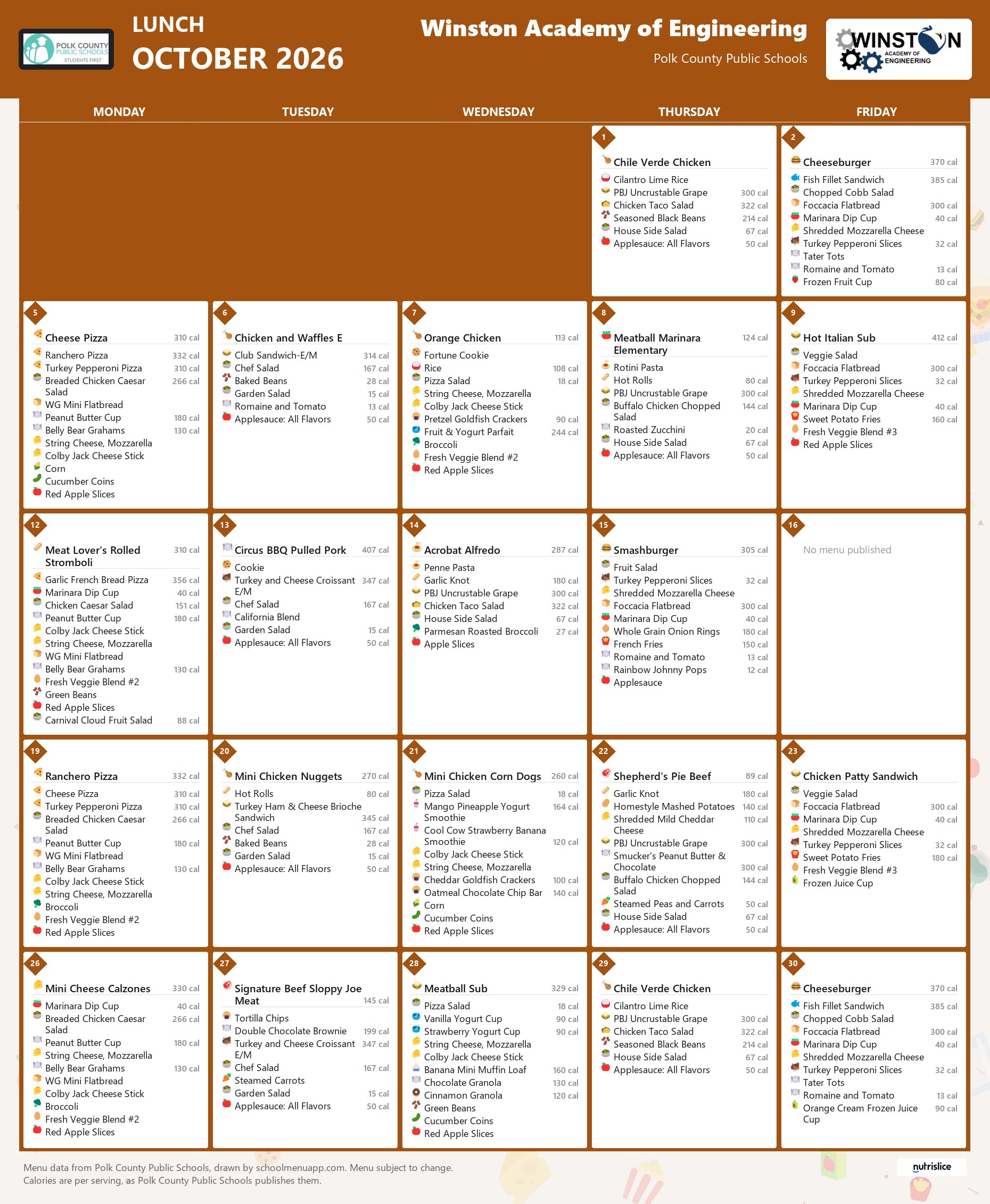 Winston Academy of Engineering lunch menu for October 2026, Polk County Public Schools