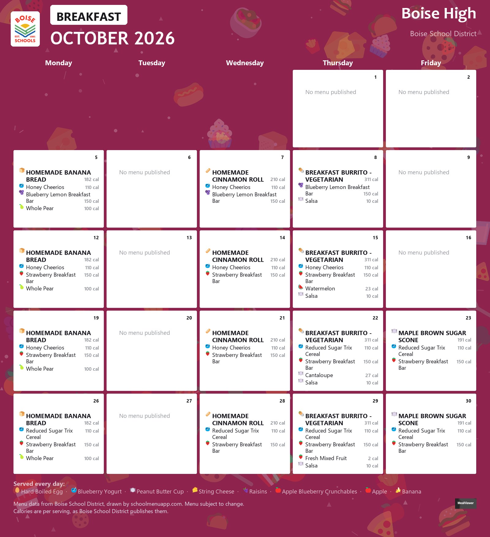 Boise High breakfast menu for October 2026 &mdash; Boise School District