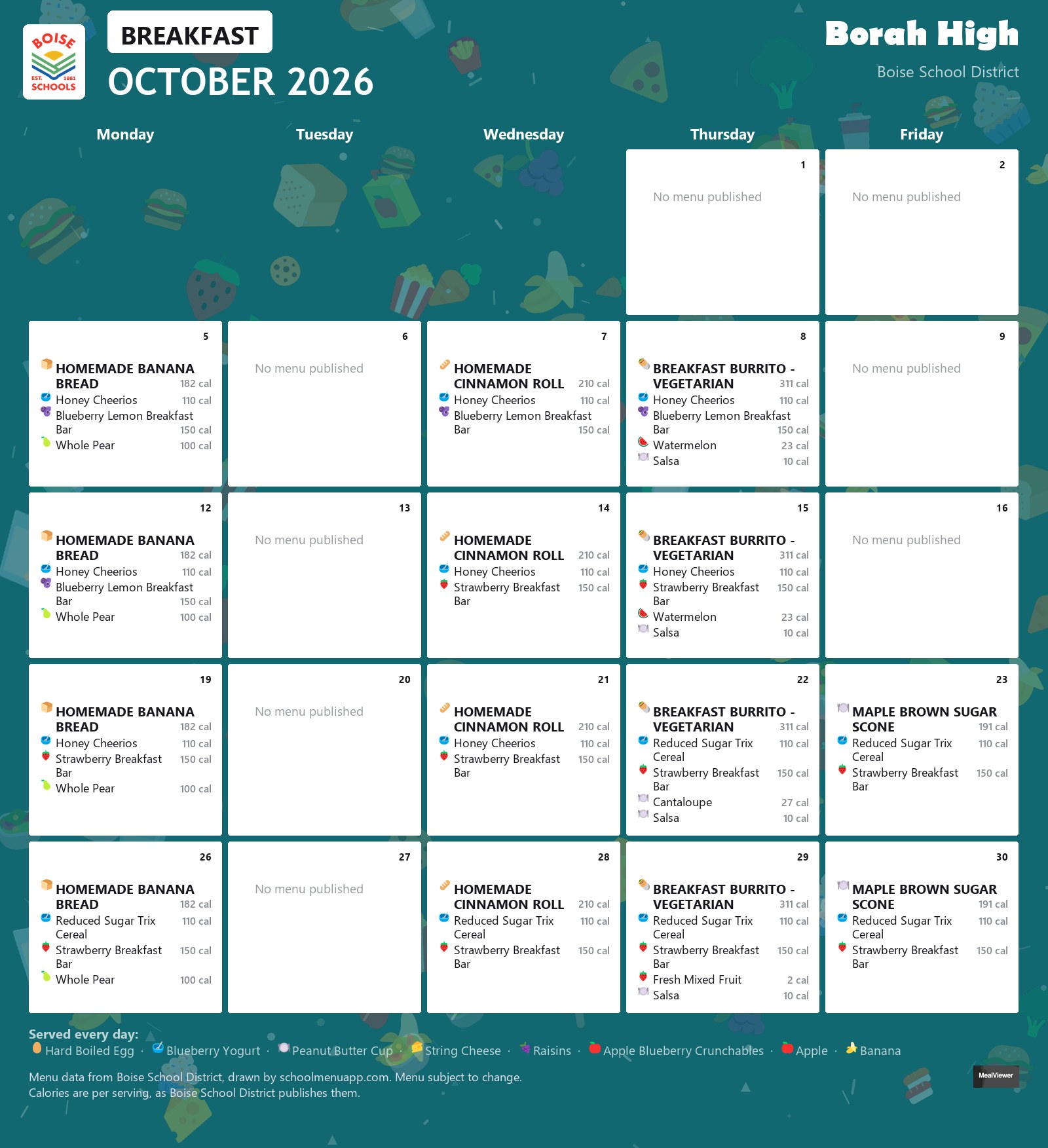 Borah High breakfast menu for October 2026 &mdash; Boise School District