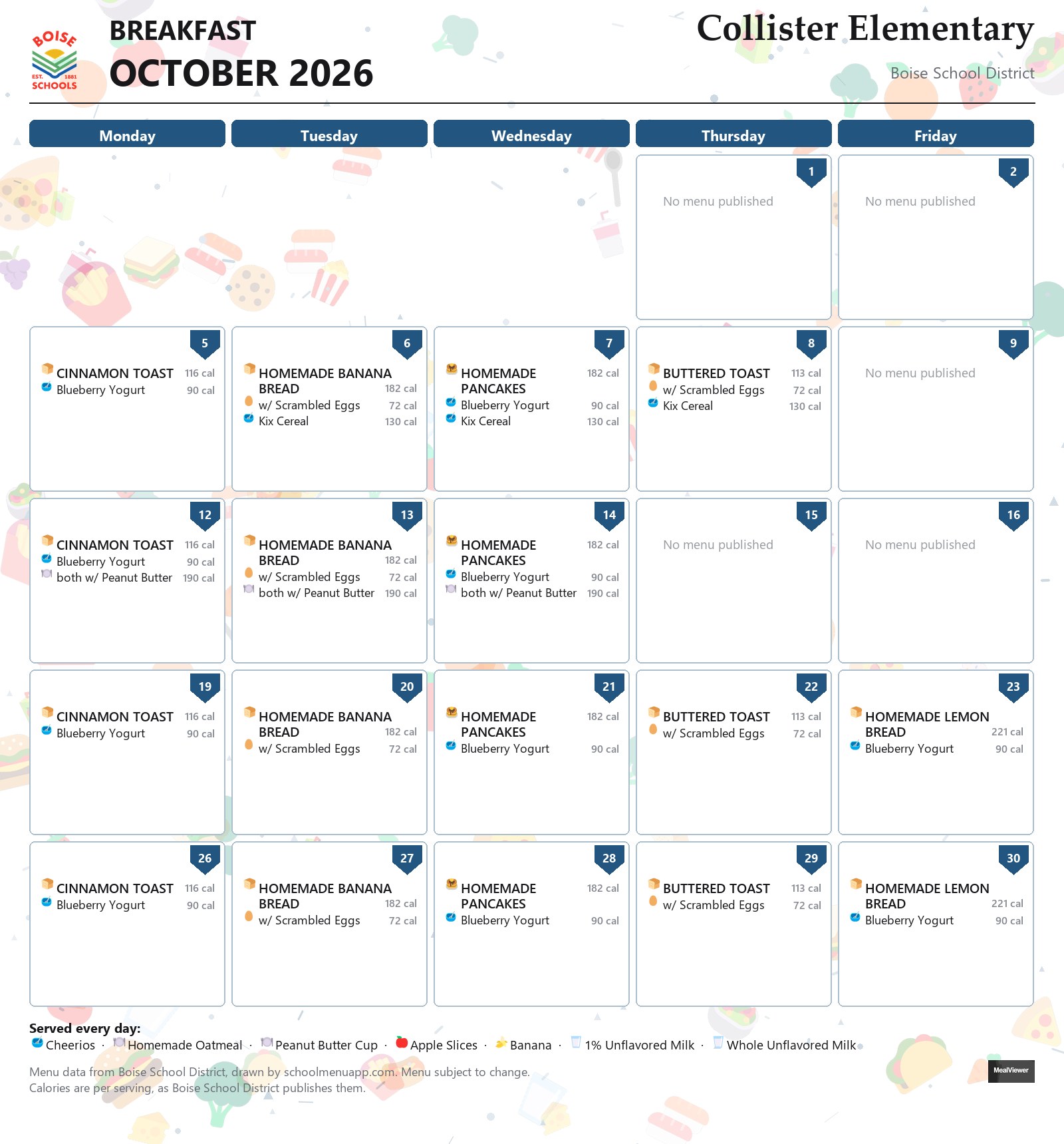 Collister Elementary breakfast menu for October 2026 &mdash; Boise School District